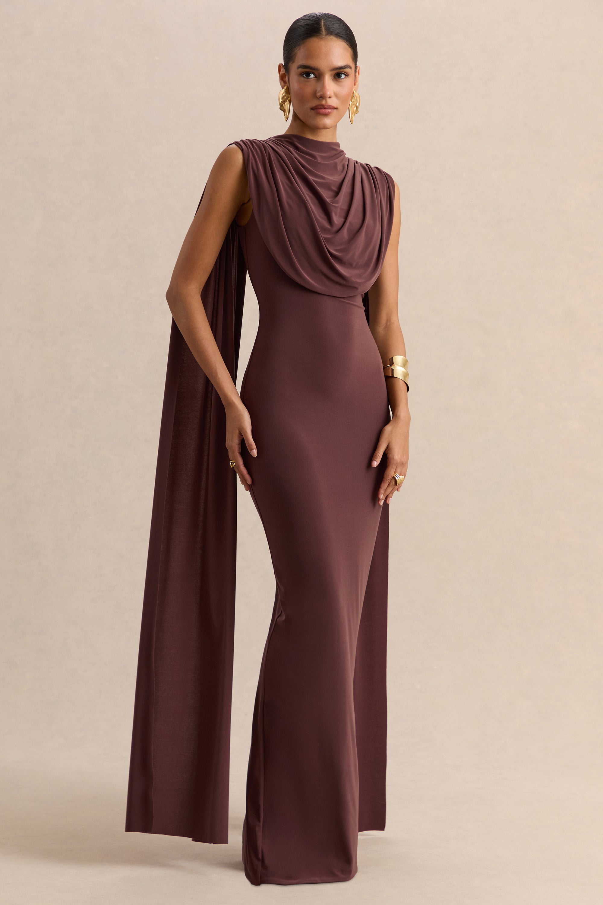 brown maxi dress uk Patrina | Brown High-Neck Maxi Dress With Draped-Detailing And Cape-Sl Club L London