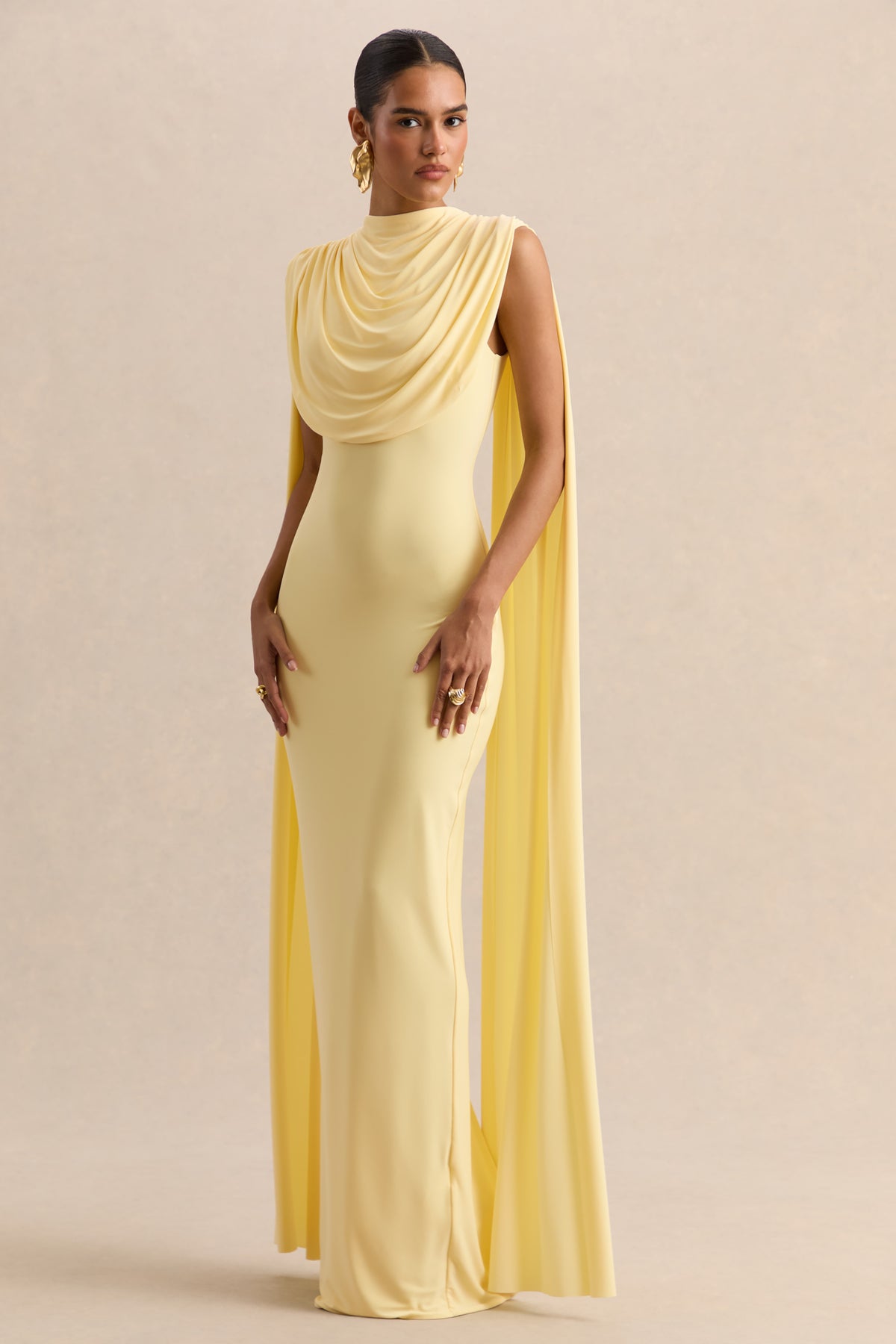 Patrina Lemon High-Neck Maxi Dress With Draped-Detailing And Cape-Sl – Club  L London