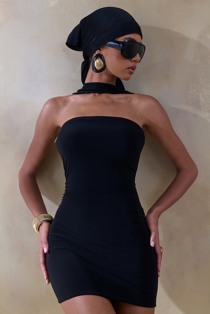 Caresse Black Bandeau Mini-Dress With Scarf-Detail – Club L London