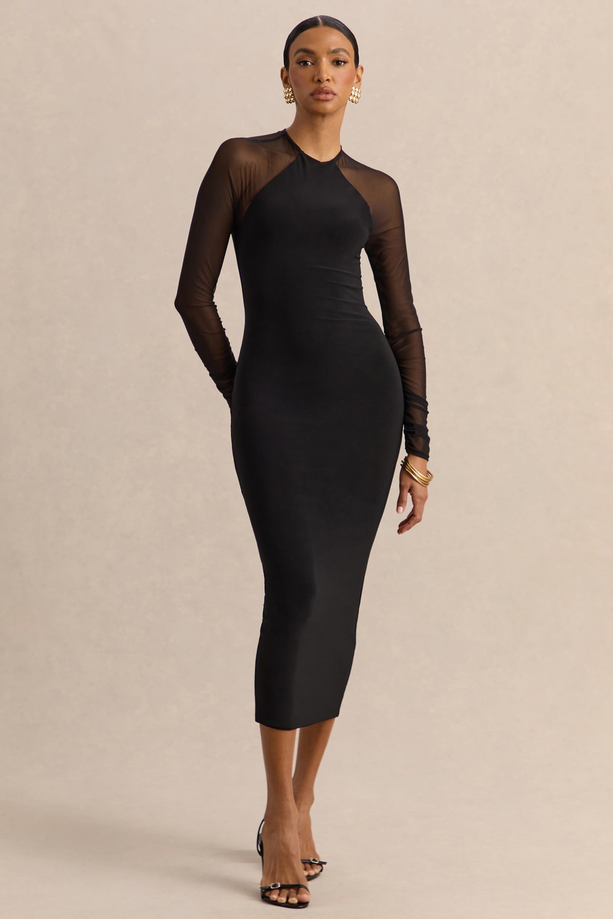 black long sleeve midi dress uk Aurevia Black Crew-Neck Midi Dress With Long Mesh-Sleeves – Club L London