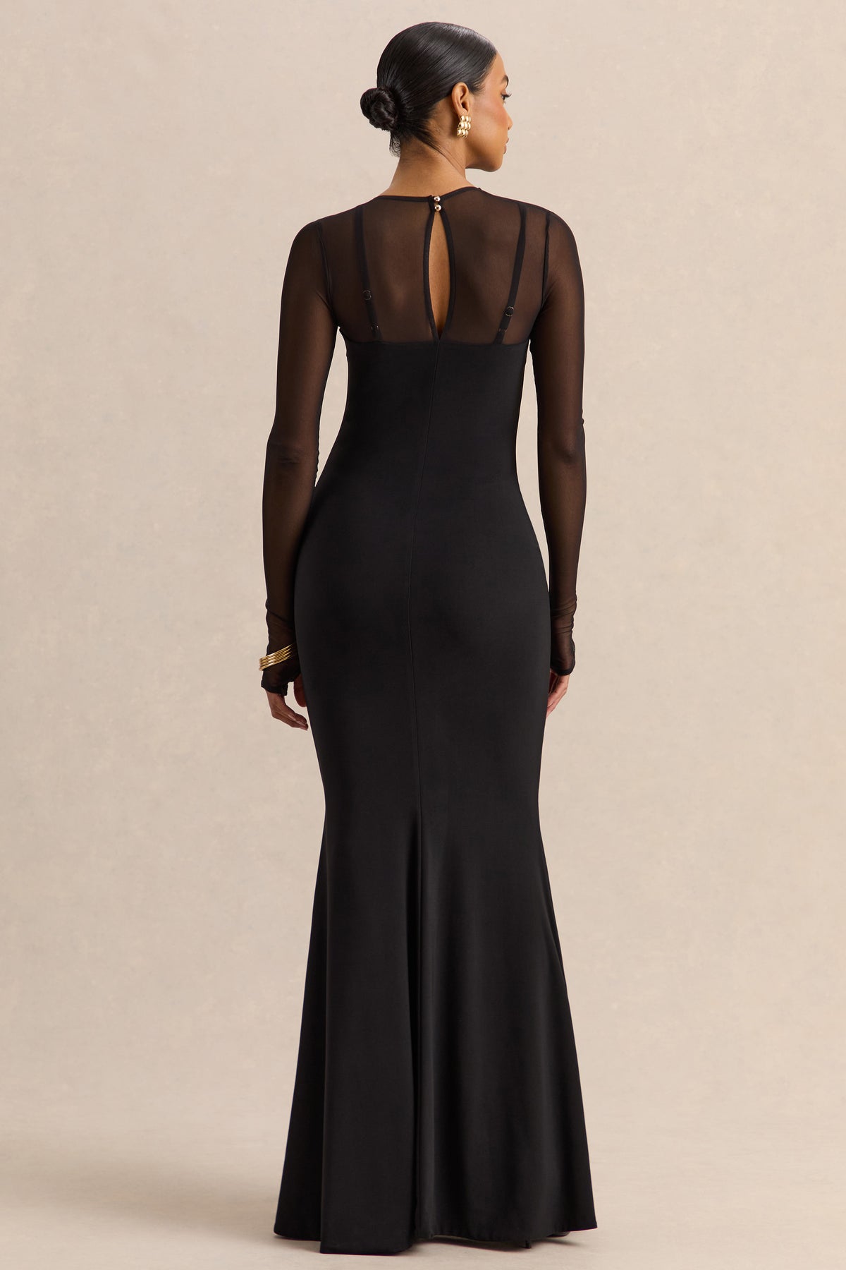 Coralia Black Asymmetric-Neck Maxi Dress With Mesh Long-Sleeves – Club
