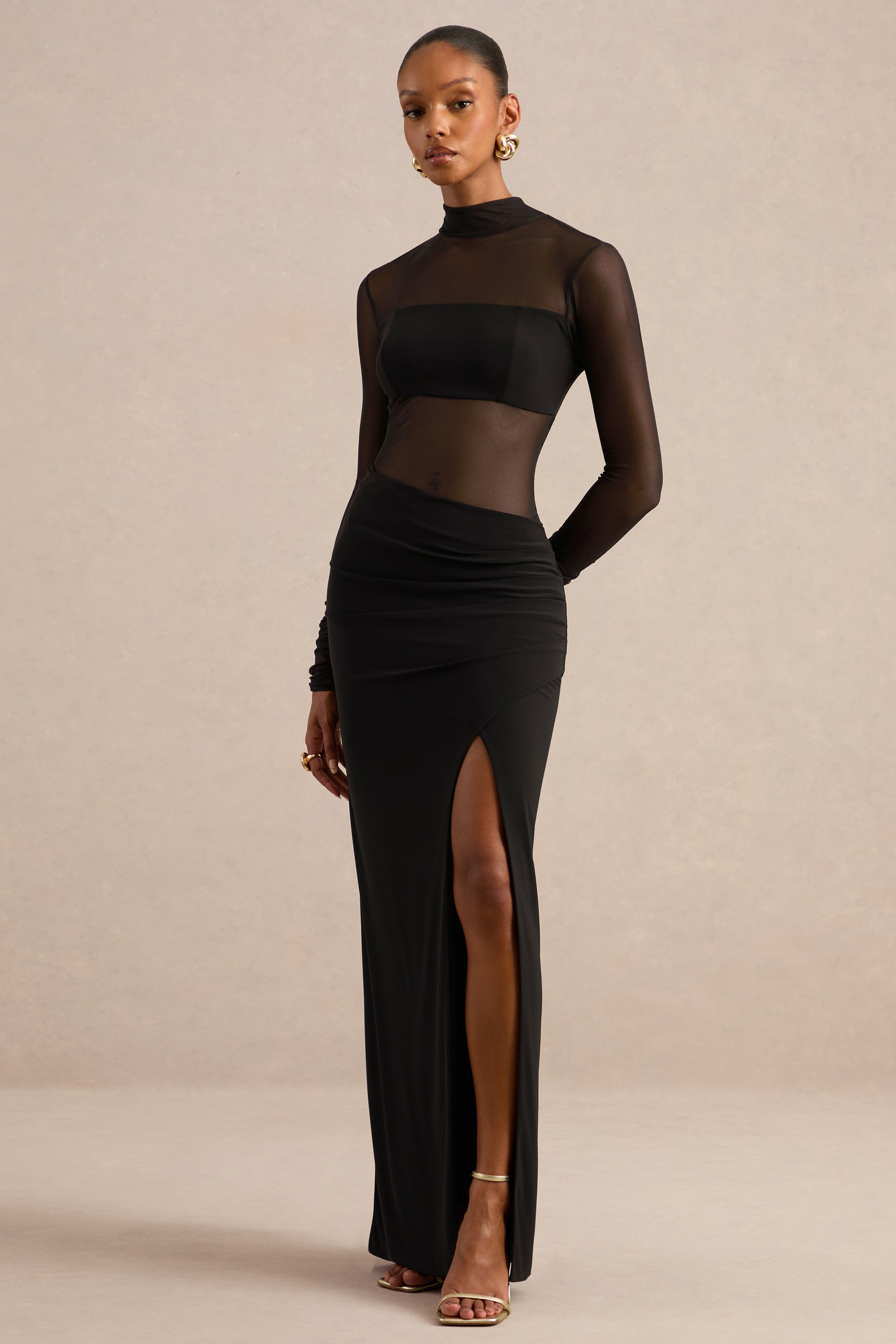 ECM_HR_CL138057001 - Asaira _ Black Mesh High-Neck Maxi Dress With Front-High Split2.jpg