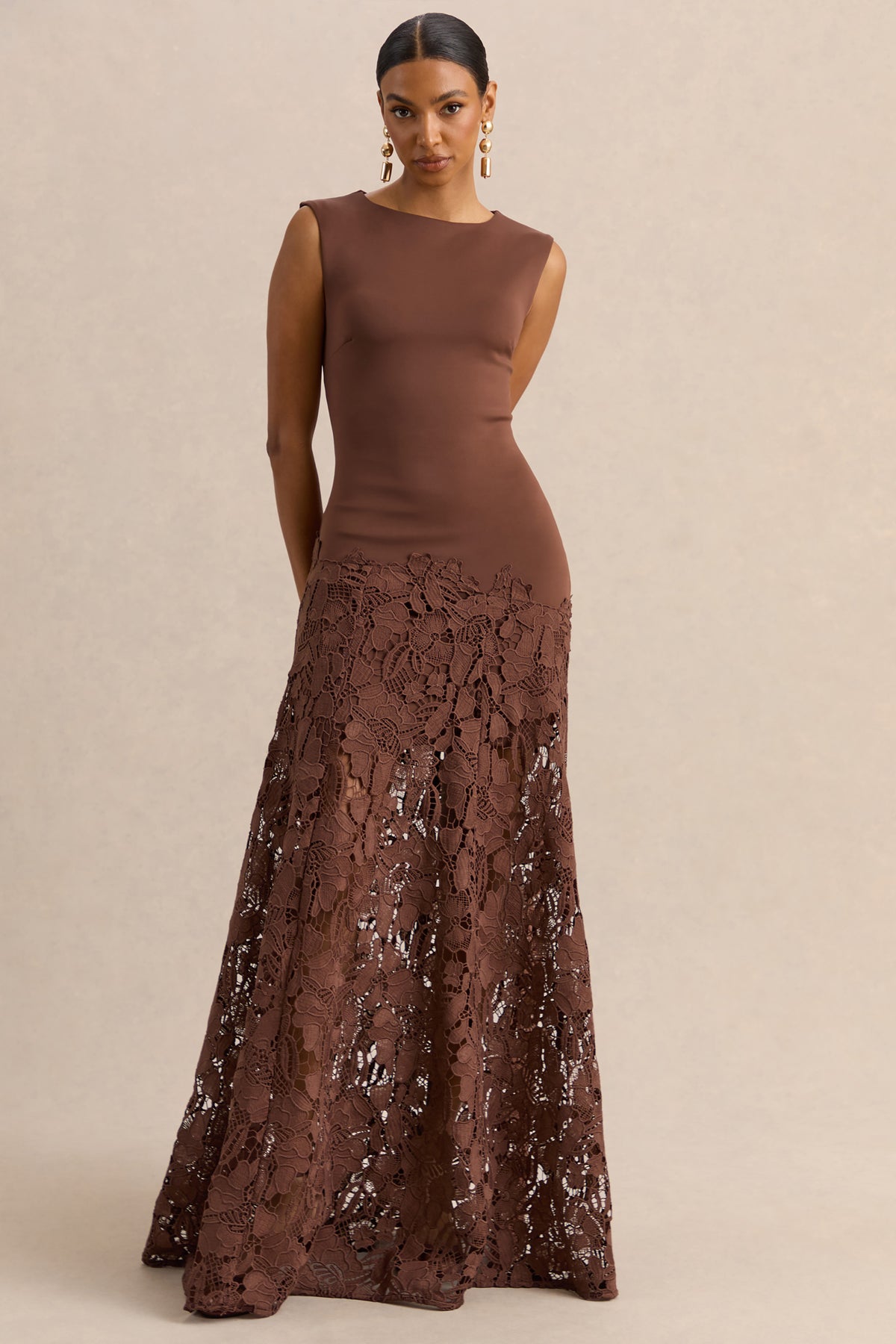 Calune Brown Lace Wide-Neck Maxi Dress  Club L London - UK
