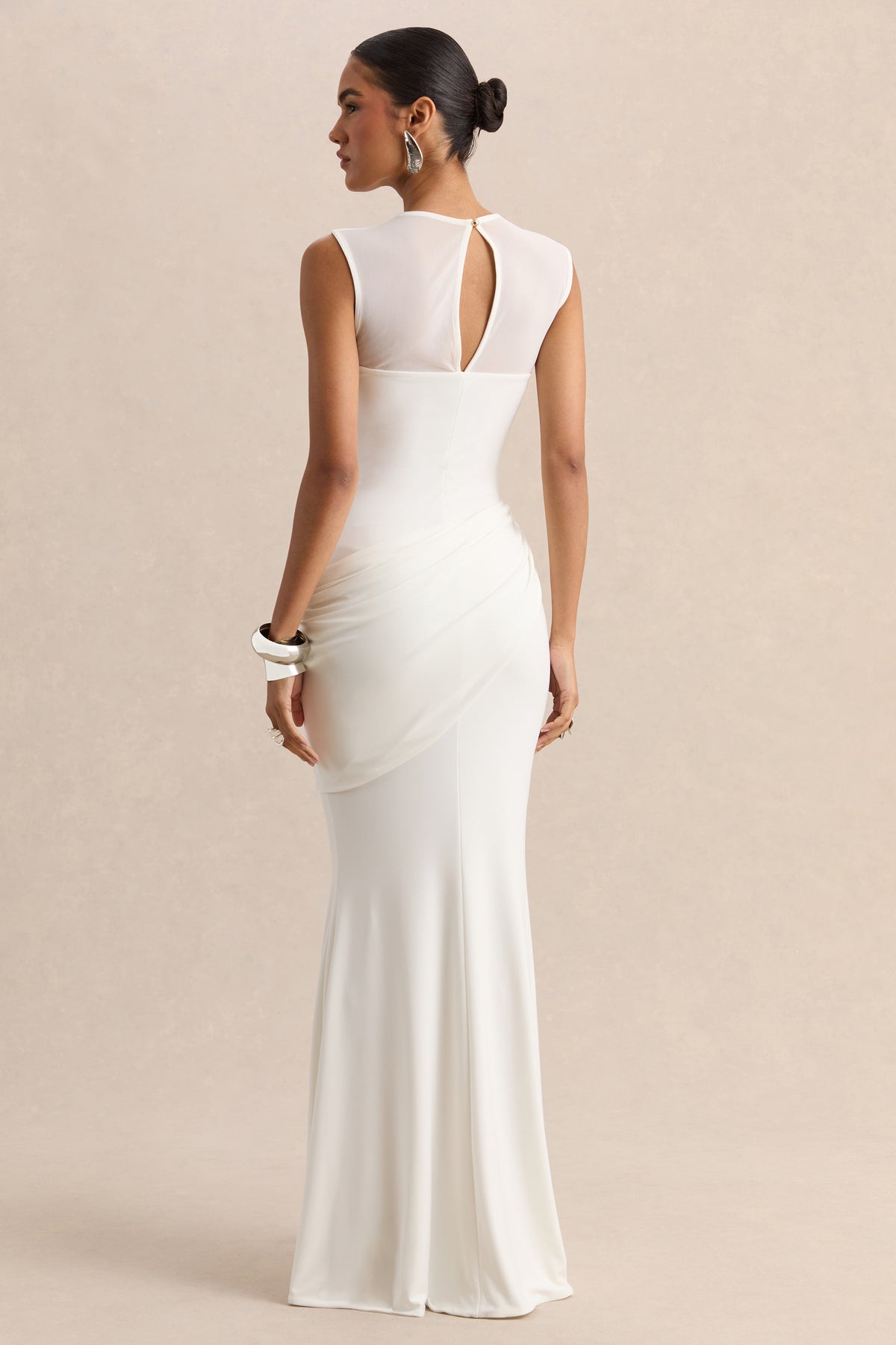 Lyssy White High-Neck Maxi Dress With Mesh-Detail – Club L London