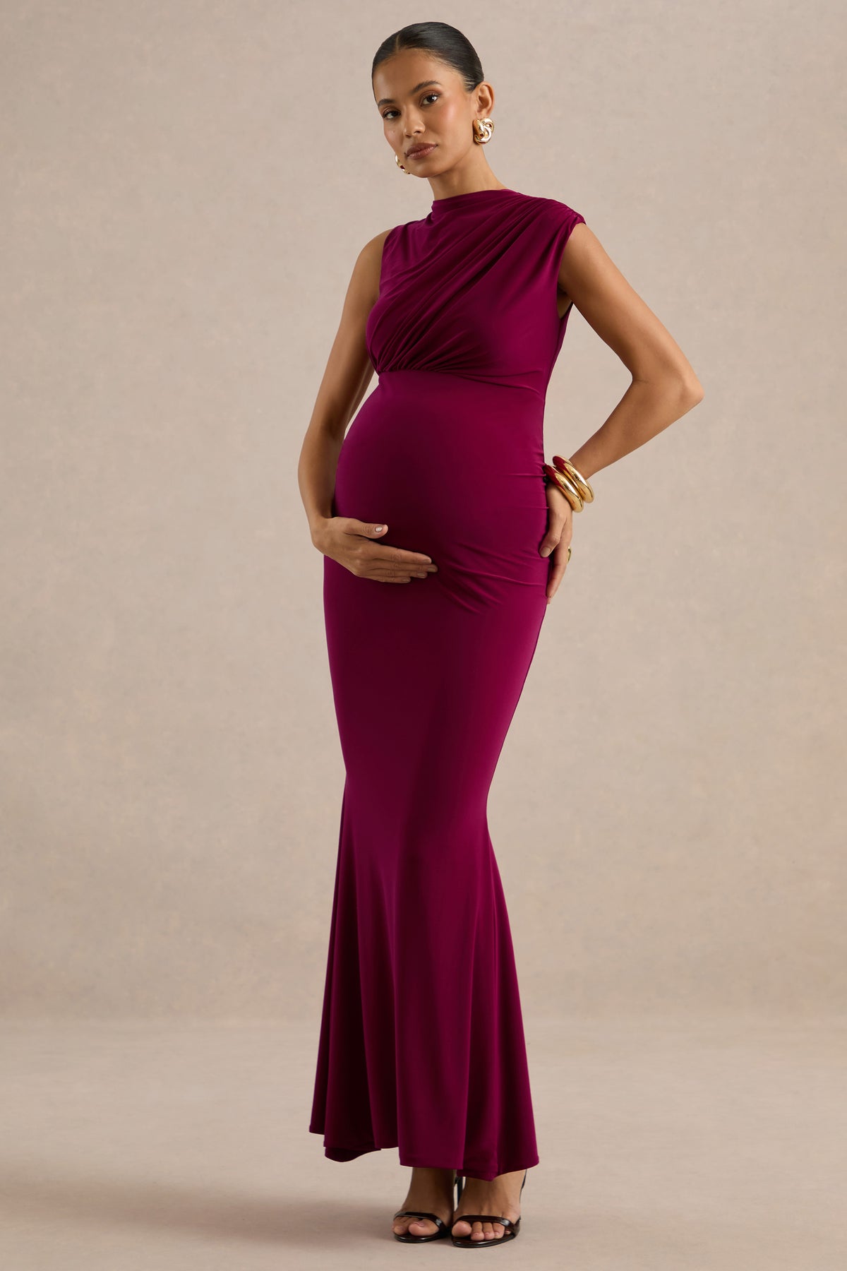 ECM_HR_CL138193102 - Osanna _ Burgundy Jersey Round Neck Maternity Maxi Dress With Gathered Detailing1.jpg