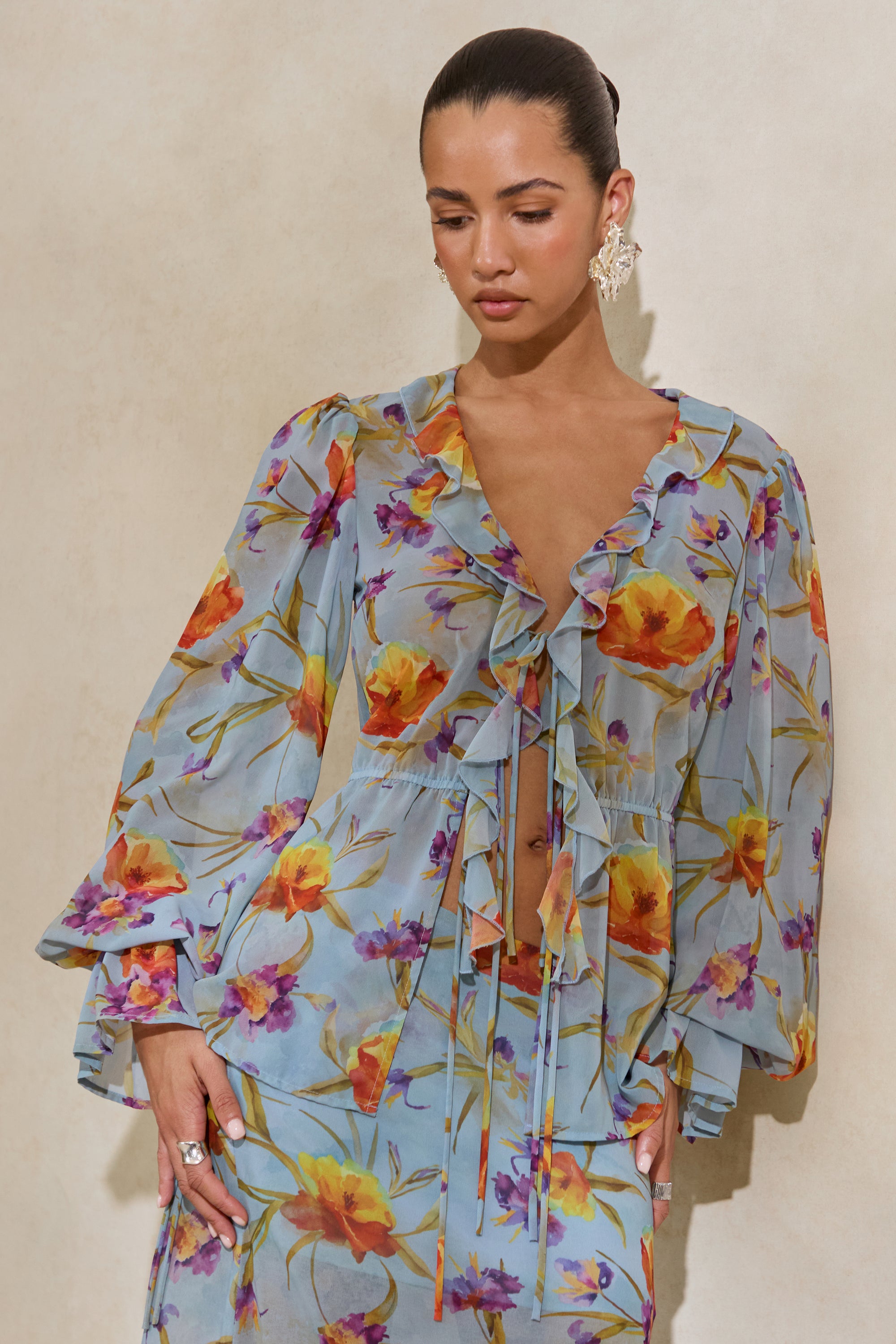 CL138215016 - Alveta _ Blue Floral Chiffon Sheer V-Neck Top With Ruffled Detailing 4.jpg