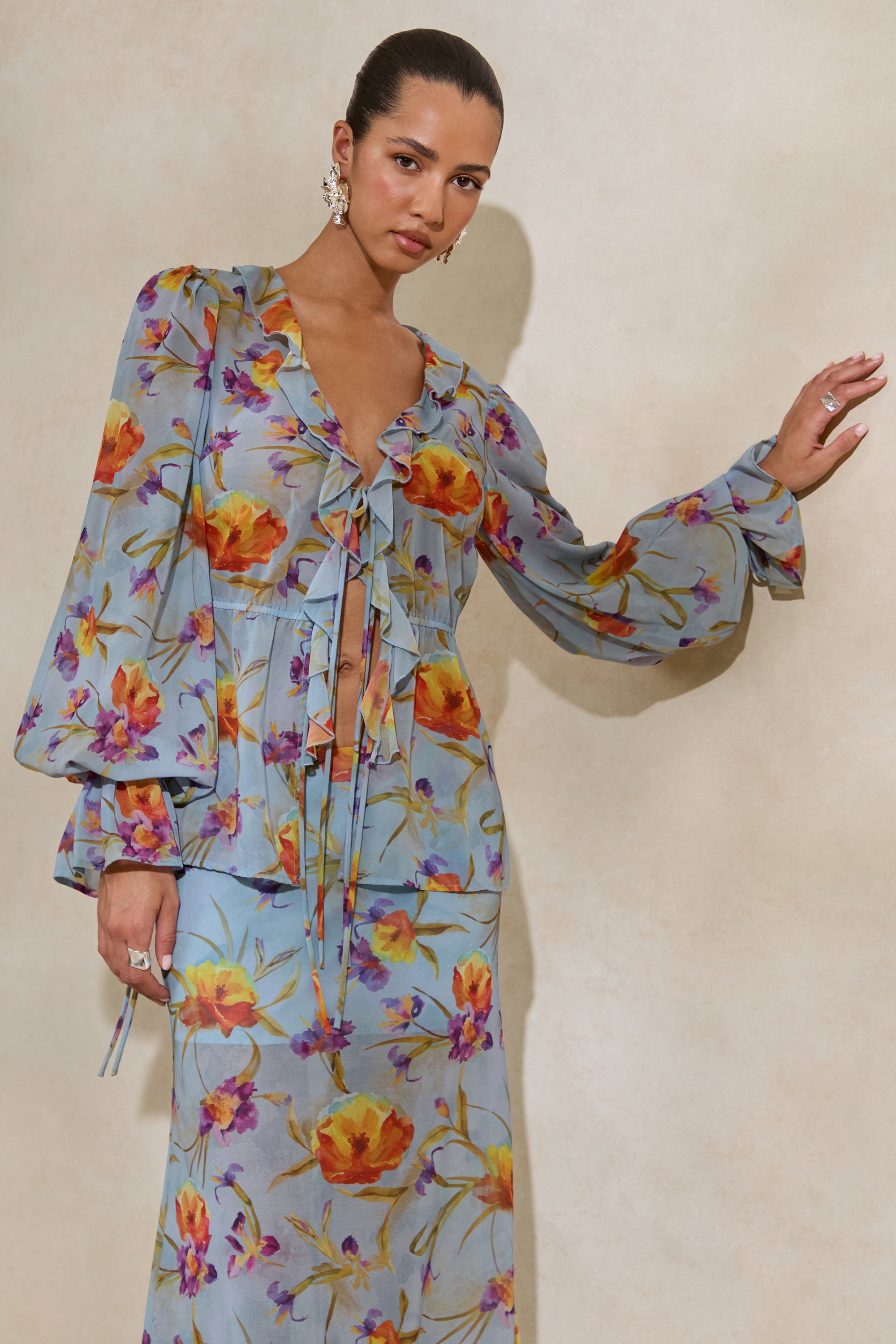 CL138215016 - Alveta _ Blue Floral Chiffon Sheer V-Neck Top With Ruffled Detailing 5.jpg