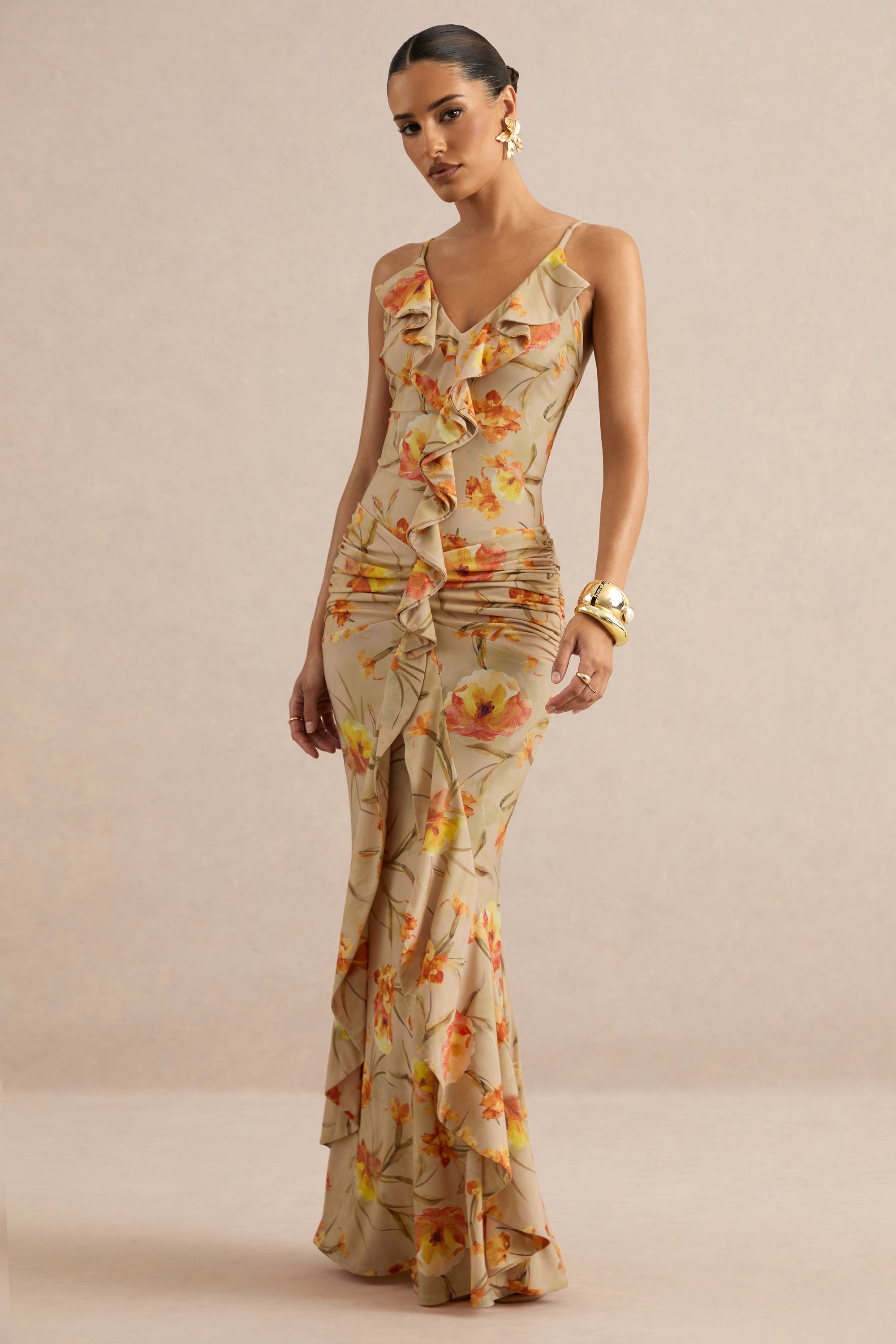 ECM_HR_CL138217070 - Amali | Orange Floral V-Neck Maxi Dress With Ruffled Detailing 2.jpg