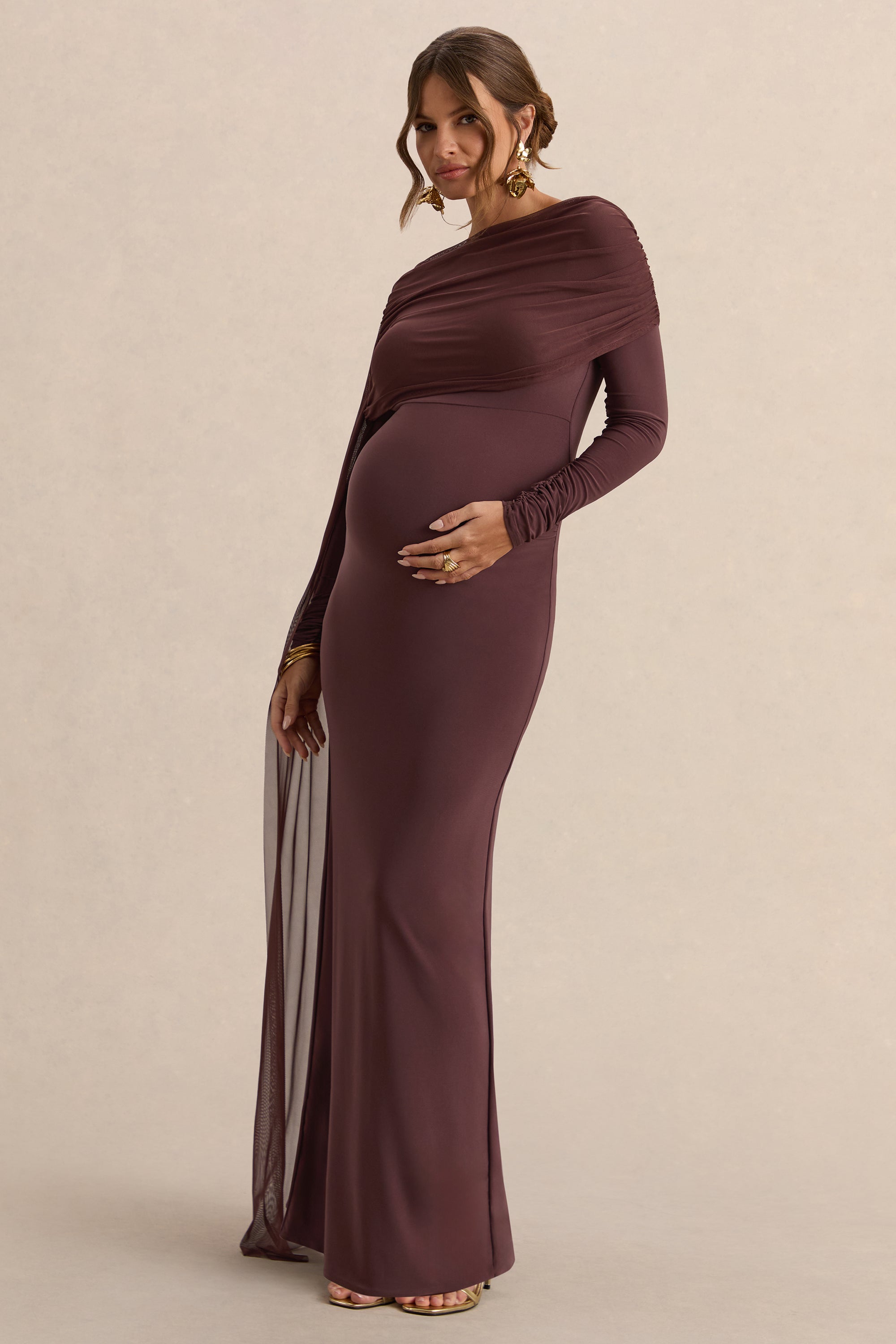 ECM_HR_CL138241022  - Annelia Dark Brown High-Neck Maternity Maxi Dress With Sash Detail 5.jpg