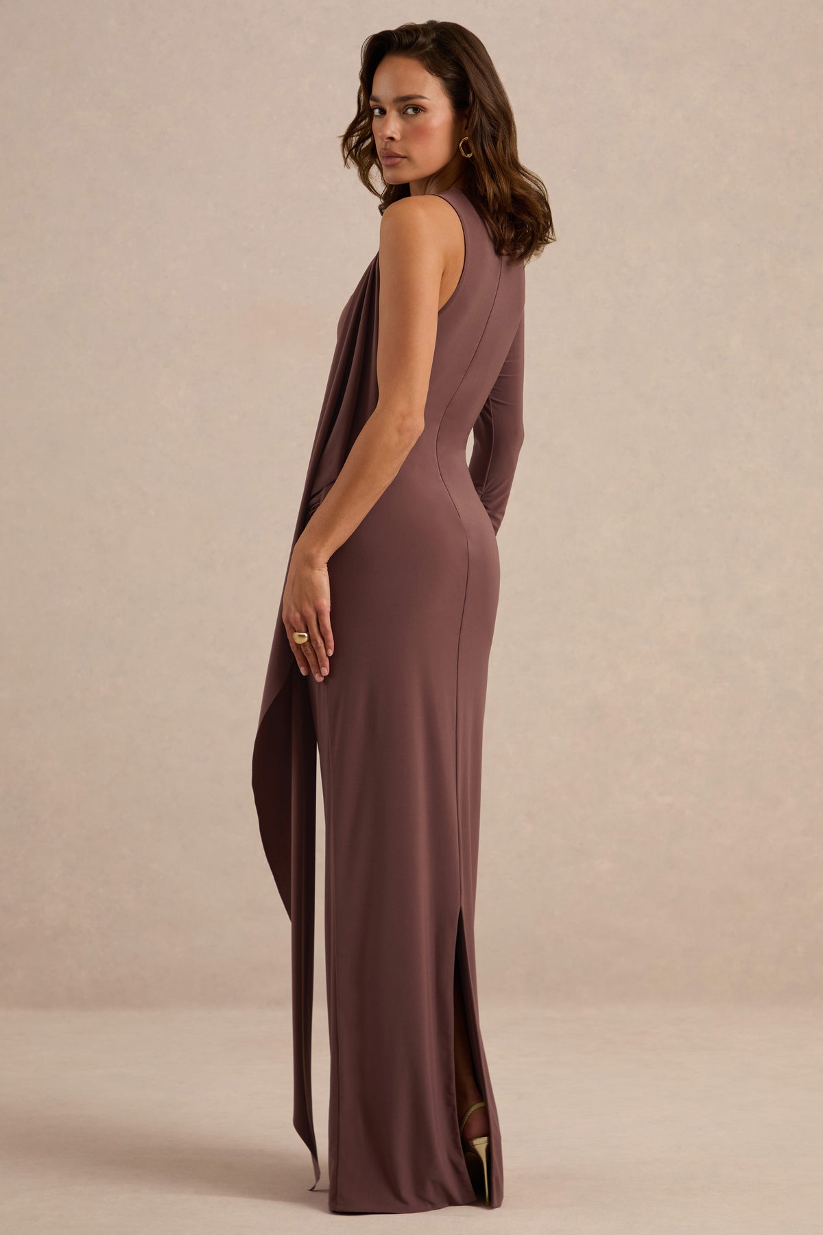 ECM_HR_CL138263022 - Epona Dark Brown Wide-Neck Maxi Dress With One-Long Sleeve And Sash-Detail5.jpg