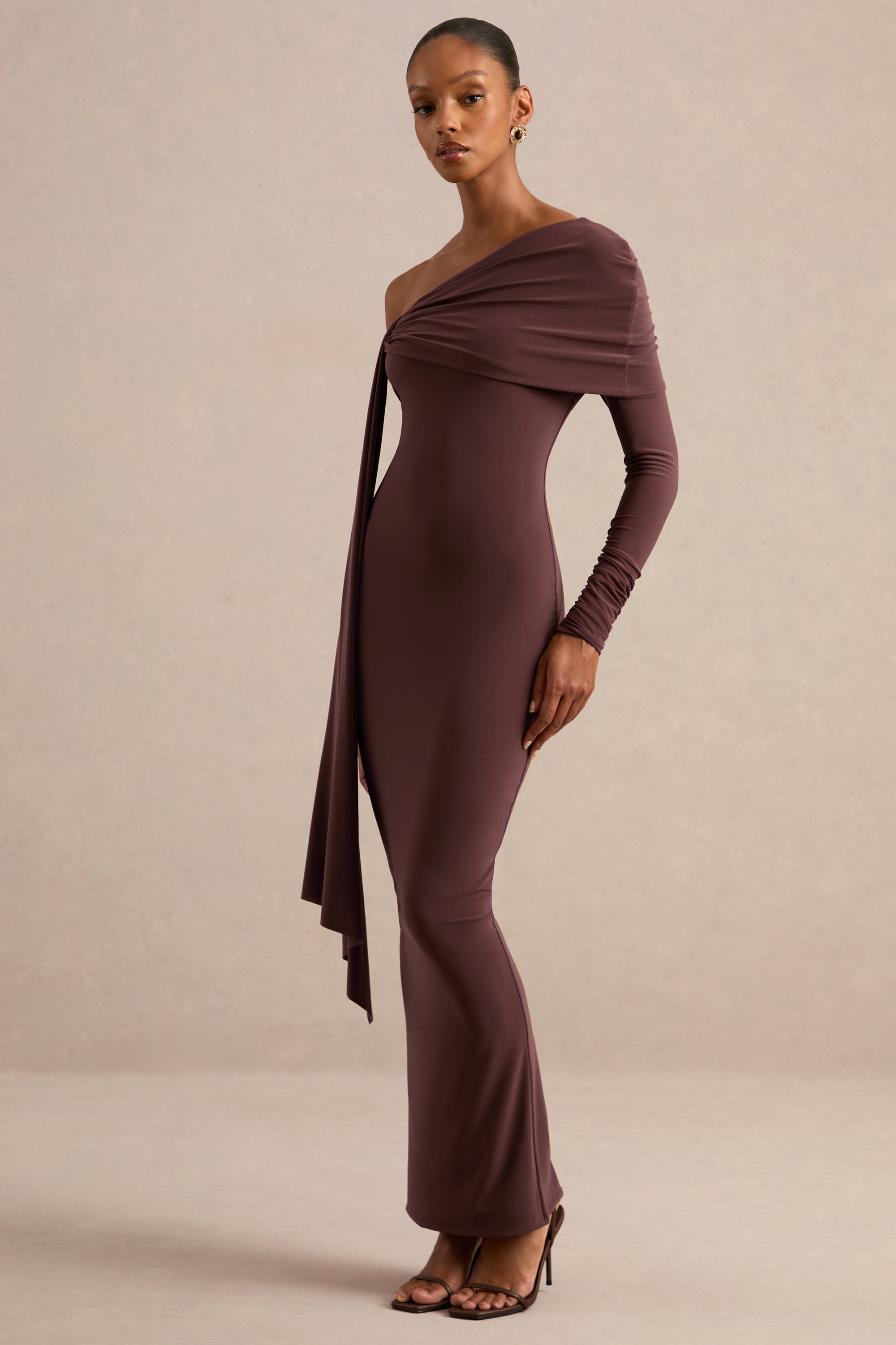 ECM_HR_CL138270022 - Faeryn _ Dark Brown Asymmetric-Neck Maxi Dress With Gathered Detailing 2.jpg