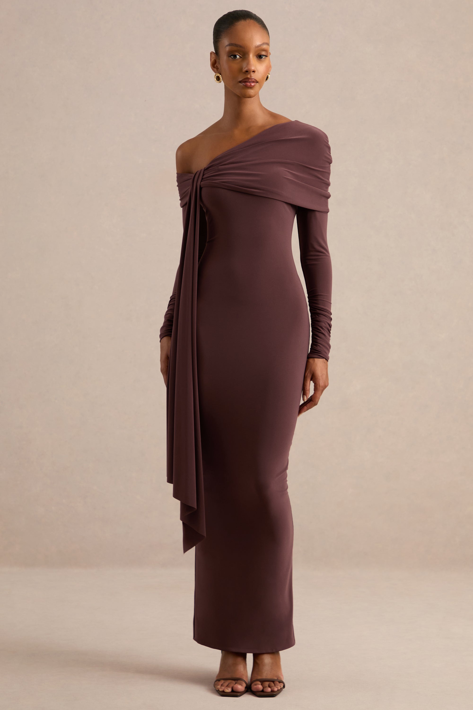 ECM_HR_CL138270022 - Faeryn _ Dark Brown Asymmetric-Neck Maxi Dress With Gathered Detailing 3.jpg