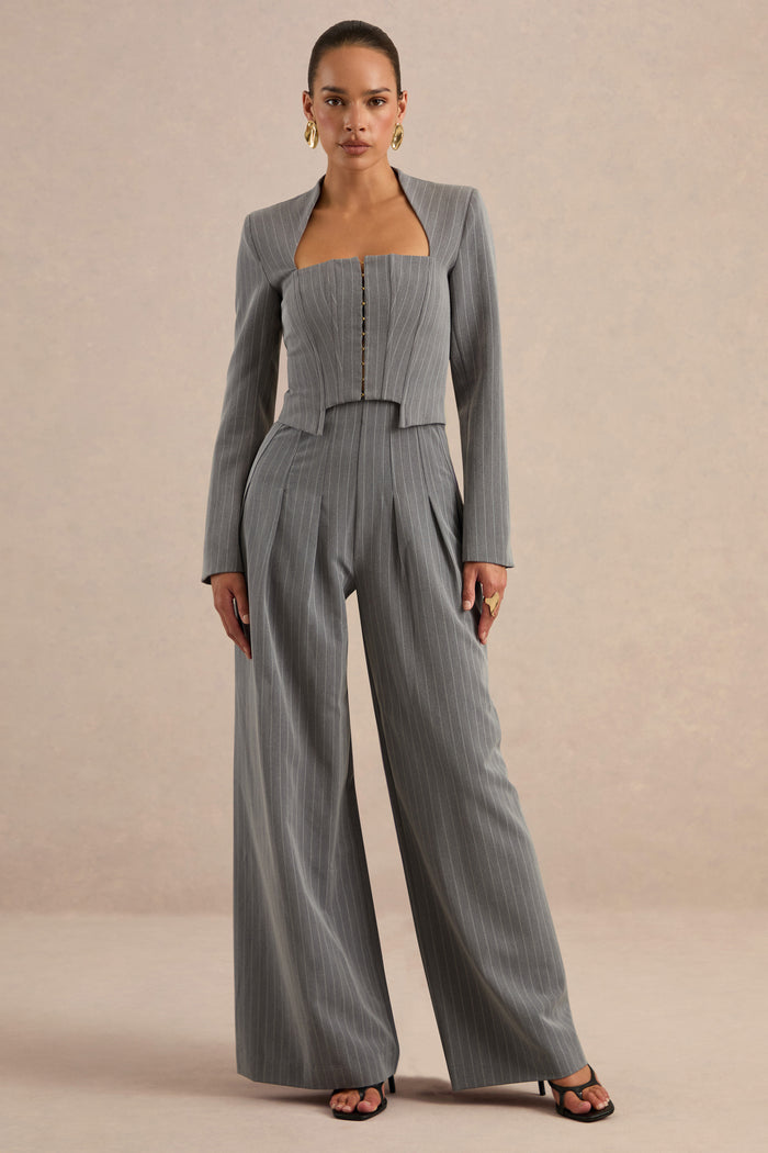 Genara | Grey Pin Stripe High Rise Wide Leg Trousers – Club L London - UK