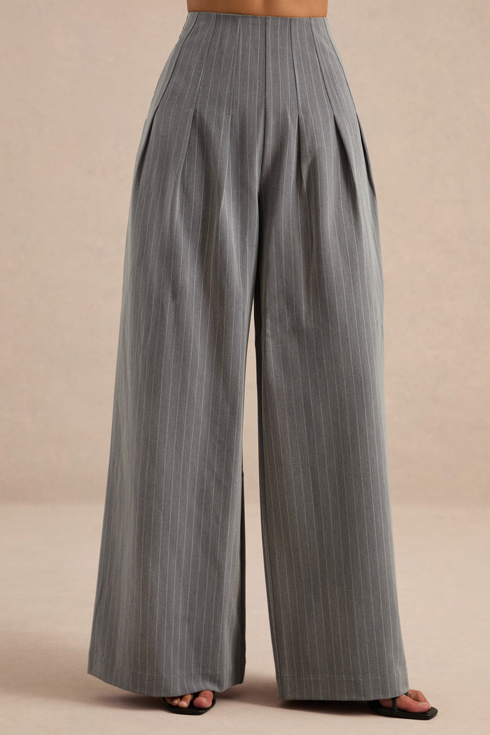 Genara | Grey Pin Stripe High Rise Wide Leg Trousers – Club L London - UK
