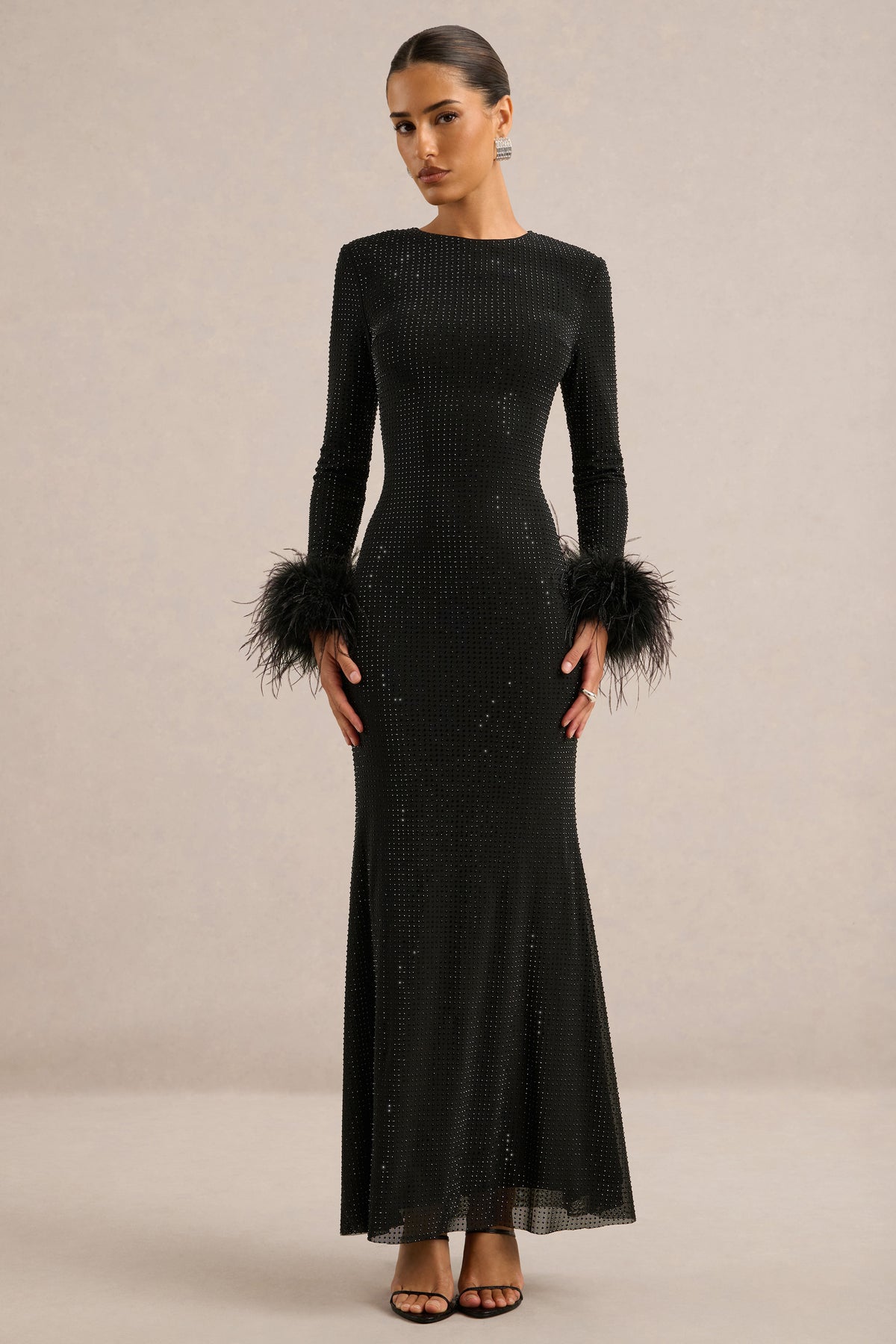 CL13839400106_ECM_HR_CL138394001_-_Garance___Black_Hotfix_Round-Neck_Maxi_Dress_With_Feather_Trim_Cuffs1