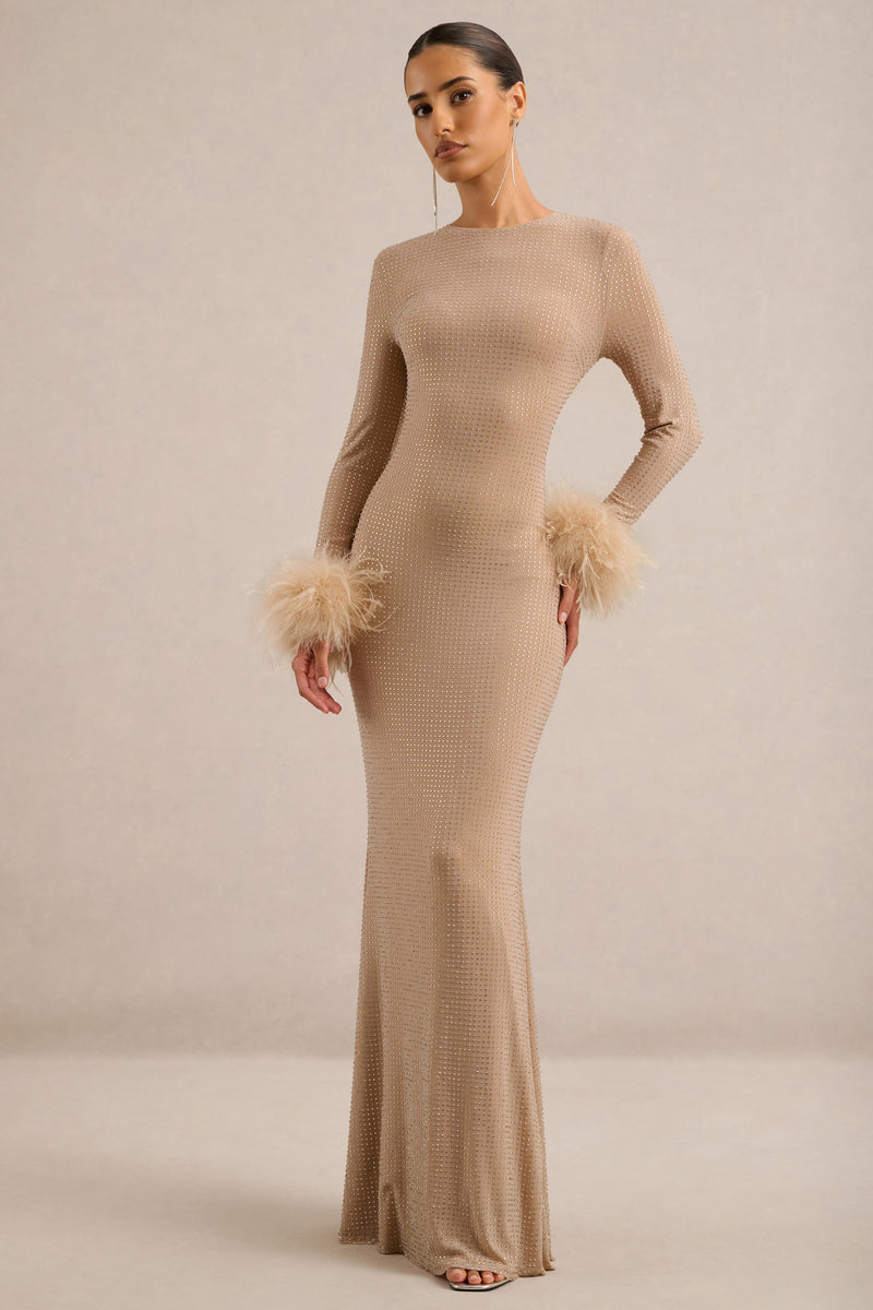 CL13839406006_ECM_HR_CL138394060_-_Garance___Champagne_Hotfix_Round-Neck_Maxi_Dress_With_Feather_Trim_Cuffs2