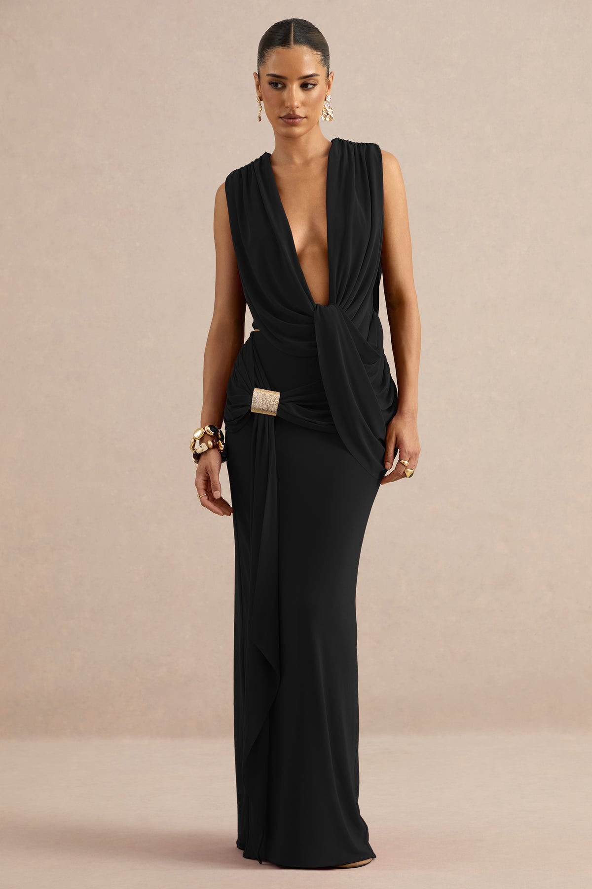 ECM_HR_CL138401001 - Lilias | Black Maxi Skirt With Draped Detailing And Gold Detail + CL138400001 - Lilias | Black Extreme Plunge-Neck Top4.jpg