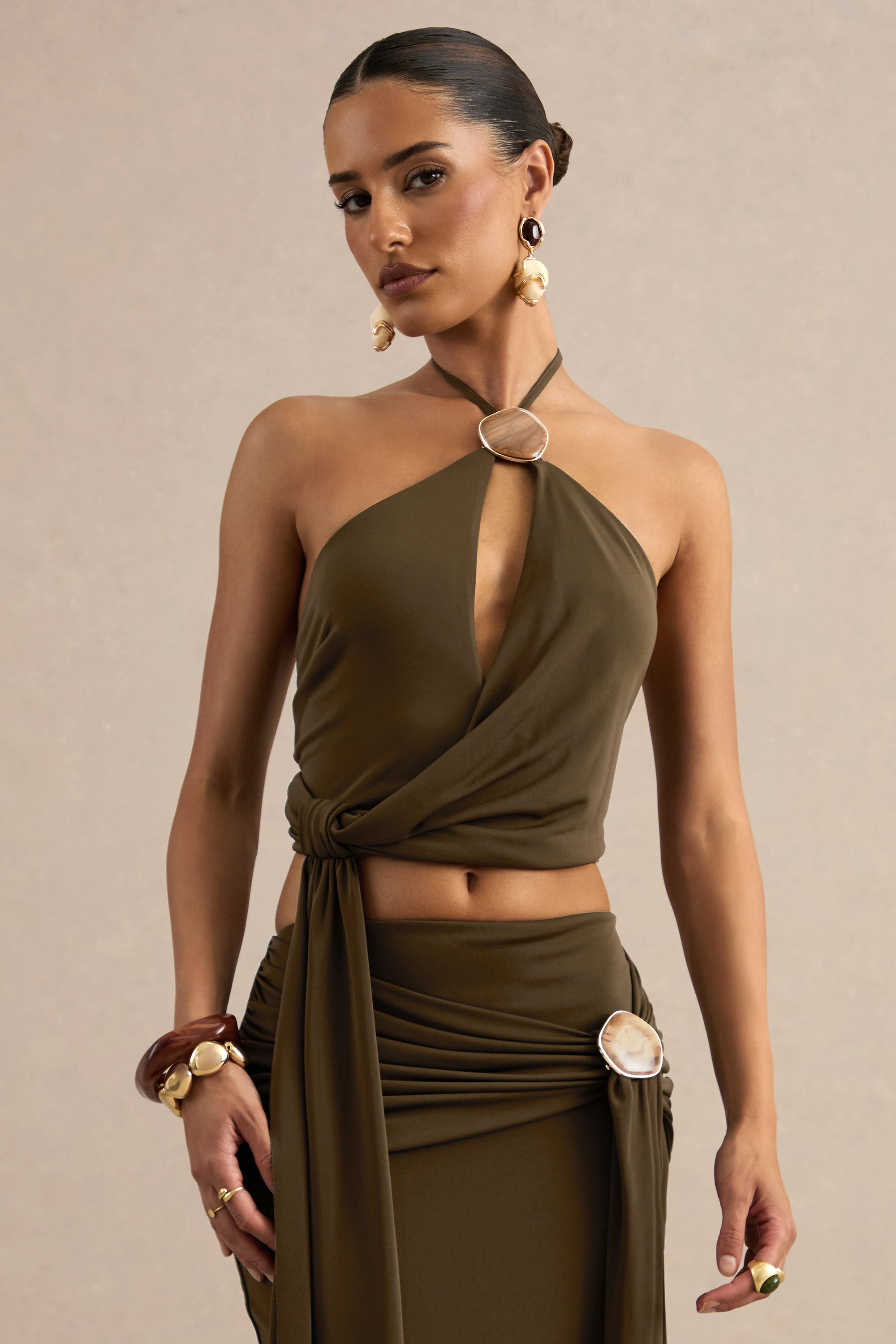 ECM_HR_CL138404035 - Liviana | Khaki Halter-Neck Top With Gathered Detailing And Gold Detail + CL138405035 - Liviana | Khaki Maxi Skirt With Gathered Detailing And Gold Detail 8.jpg