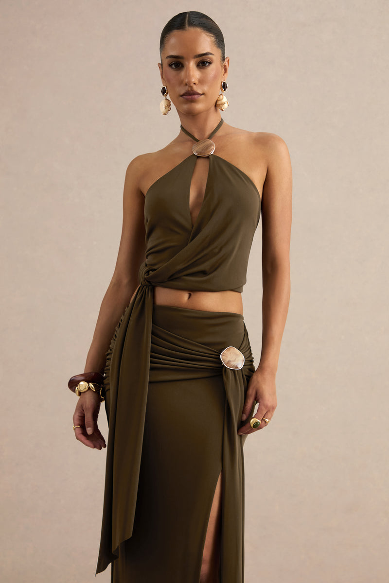 ECM_HR_CL138404035 - Liviana | Khaki Halter-Neck Top With Gathered Detailing And Gold Detail + CL138405035 - Liviana | Khaki Maxi Skirt With Gathered Detailing And Gold Detail 9.jpg