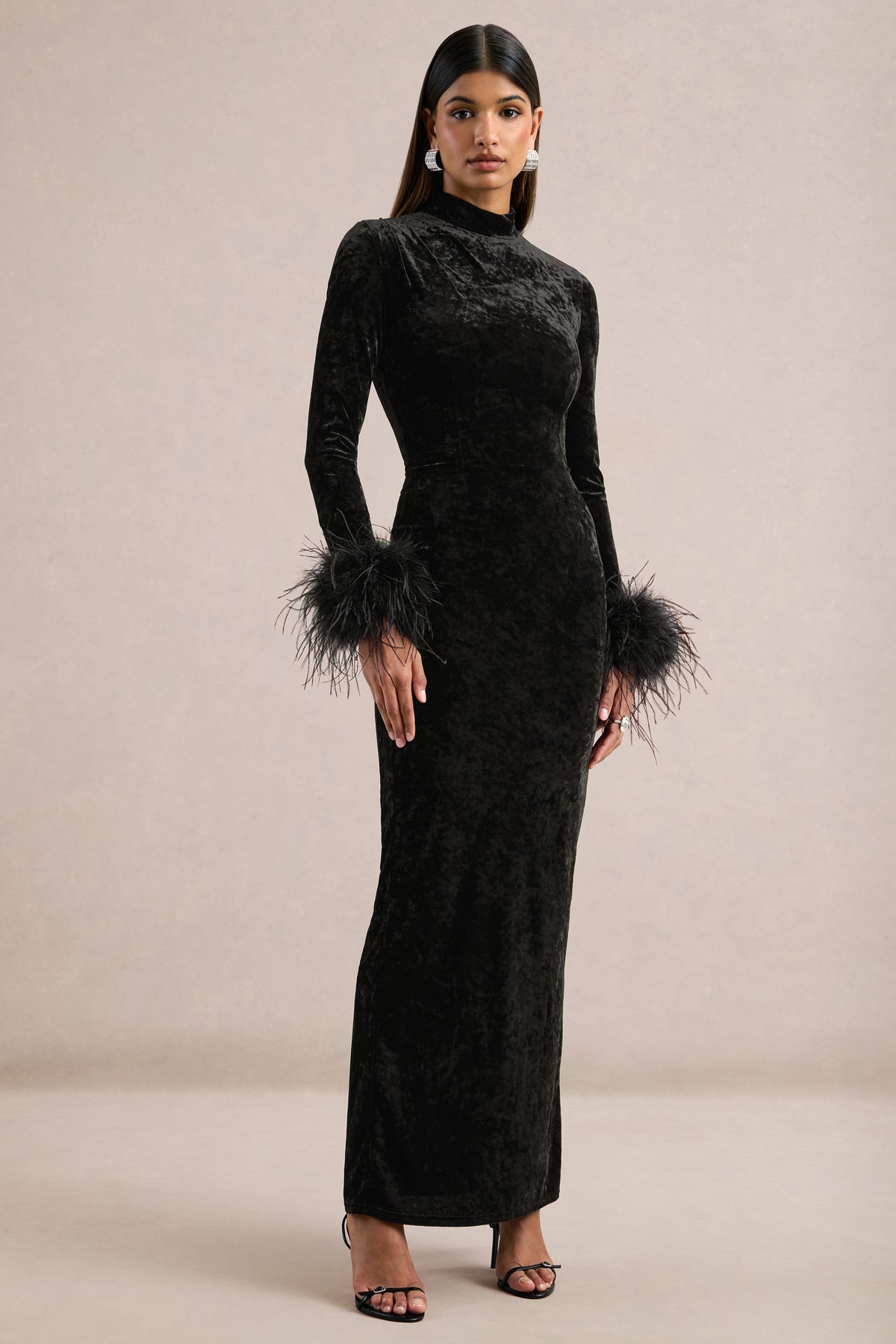 ECM_HR_CL138413001 - Bria _ Black Velvet High-Neck Maxi Dress With Feather Trim Cuffs1.jpg