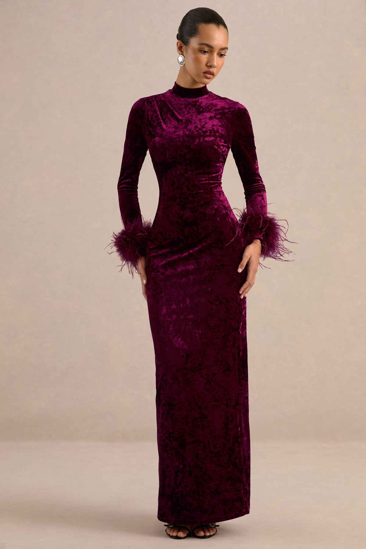 ECM_HR_CL138413102_Bria Burgundy Velvet High-Neck Maxi Dress With Feather Trim Cuffs 1.jpg