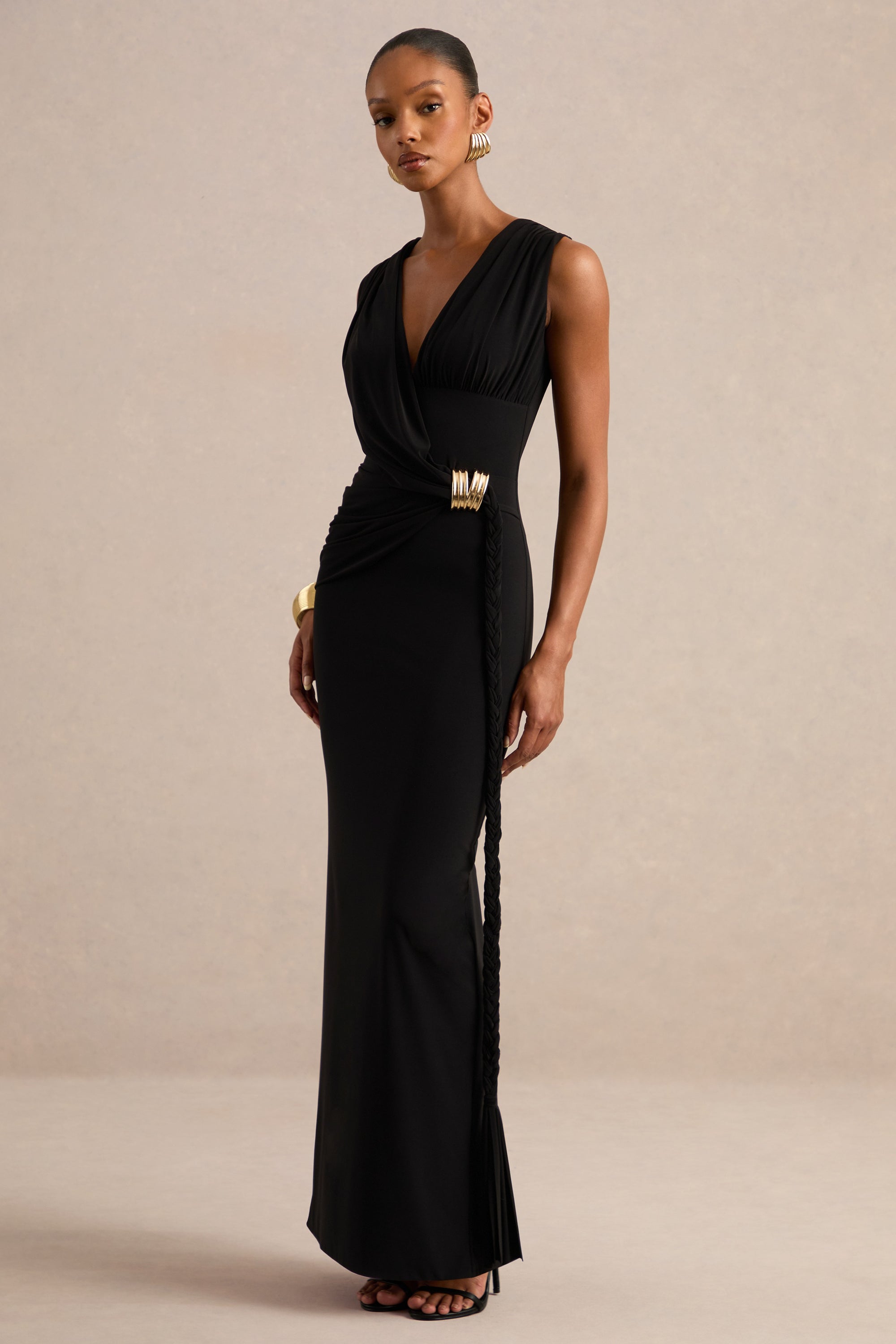 CL138423001 - Nalina _ Black Plunge-Neck Maxi Dress With Gathered Detailing And Gold Detail 2.jpg