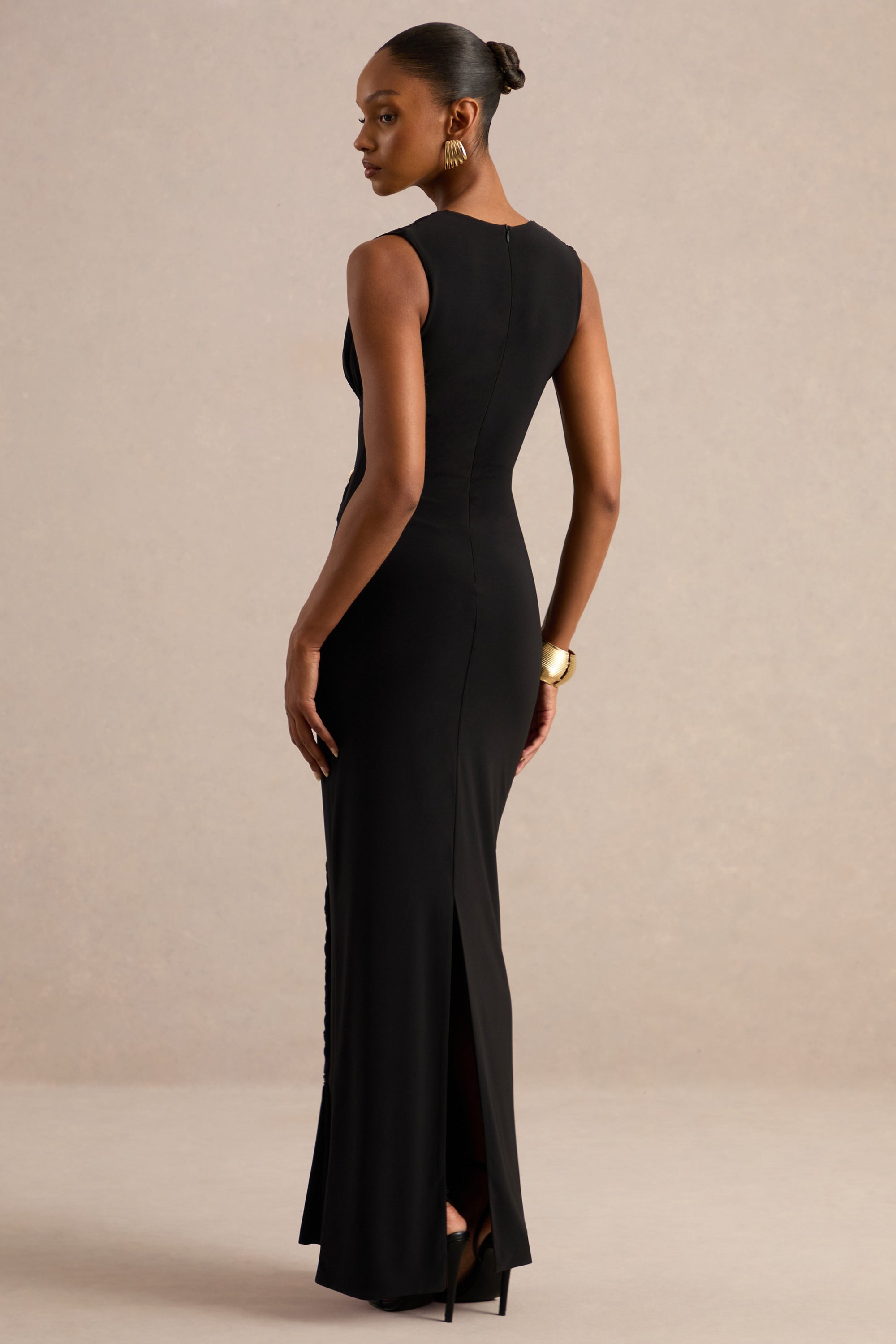 CL138423001 - Nalina _ Black Plunge-Neck Maxi Dress With Gathered Detailing And Gold Detail 5.jpg