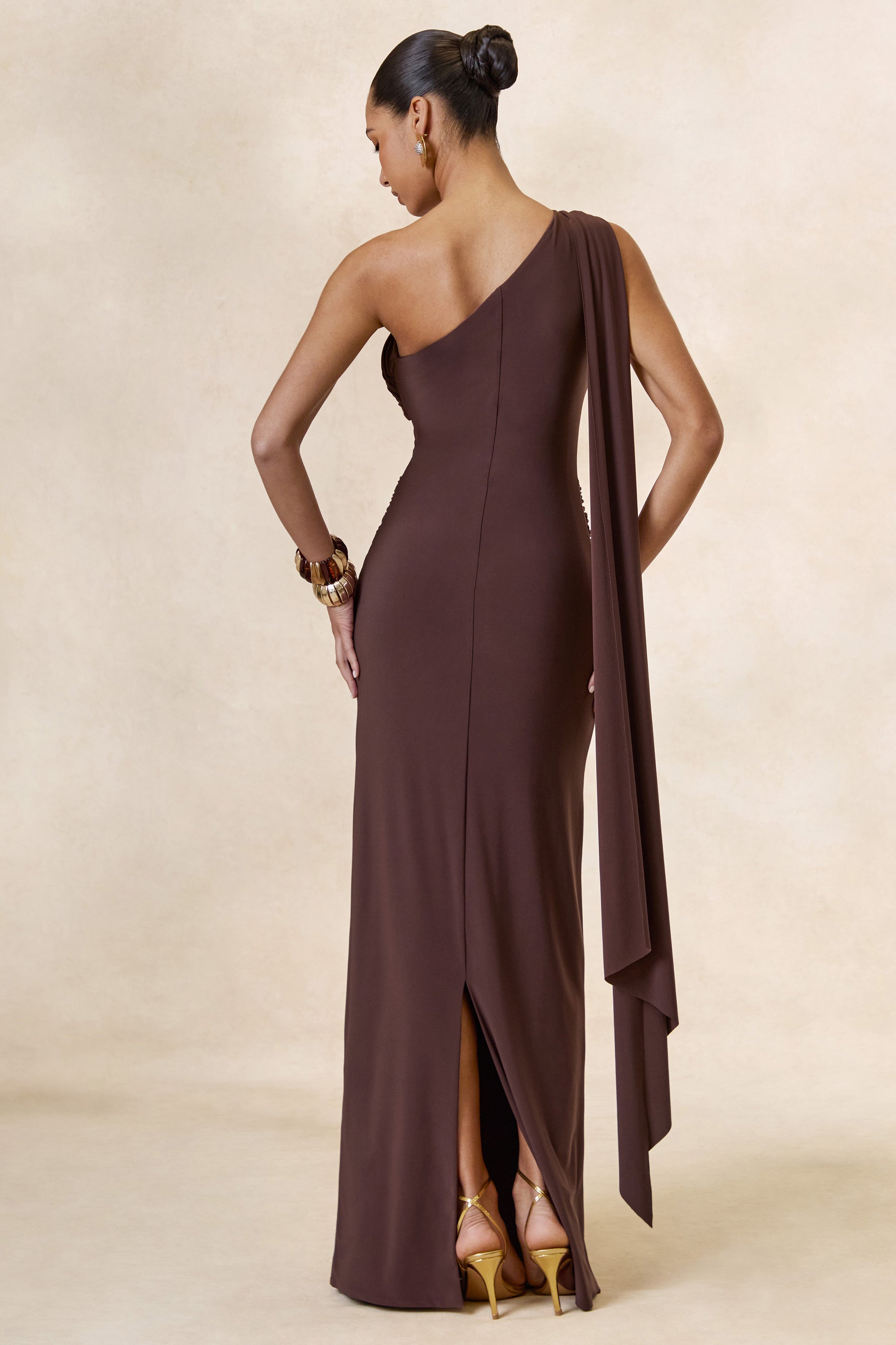 CL138426022 - Sariah _ Dark Brown Asymmetric-Neck Maxi Dress With Gathered Detailing And Gold Details5.jpg