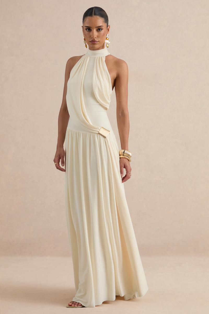 ECM_HR_CL138427111 - Sibel | Cream High-Neck Maxi Dress With Draped Detailing And Gold Detail 1.jpg