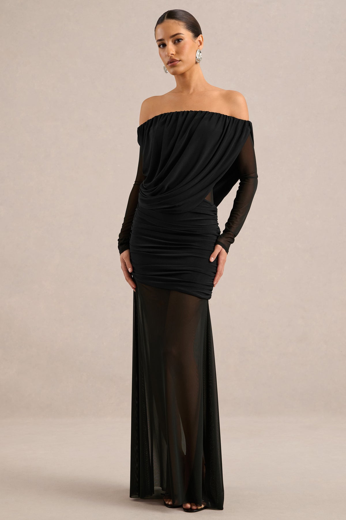 ECM_HR_CL138432001 - Amaline | Black Mesh Bardot-Neck Maxi Dress With Draped Detailing0.jpg
