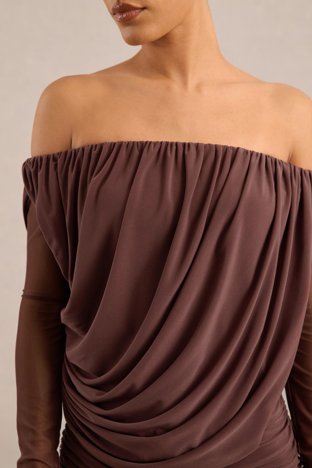 ECM_HR_CL138432022 - Amaline | Dark Brown Mesh Bardot-Neck Maxi Dress With Draped Detailing4.jpg