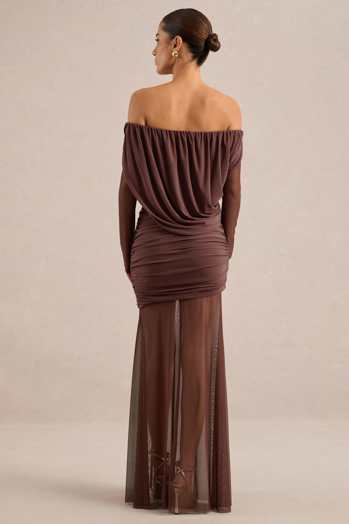 ECM_HR_CL138432022 - Amaline | Dark Brown Mesh Bardot-Neck Maxi Dress With Draped Detailing5.jpg