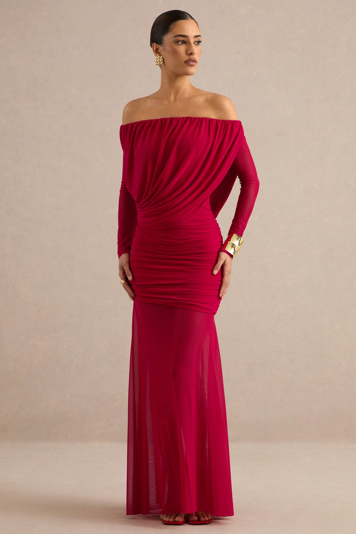 ECM_HR_CL138432100 - Amaline _ Red Mesh Bardot-Neck Maxi Dress With Draped Detailing 1.jpg