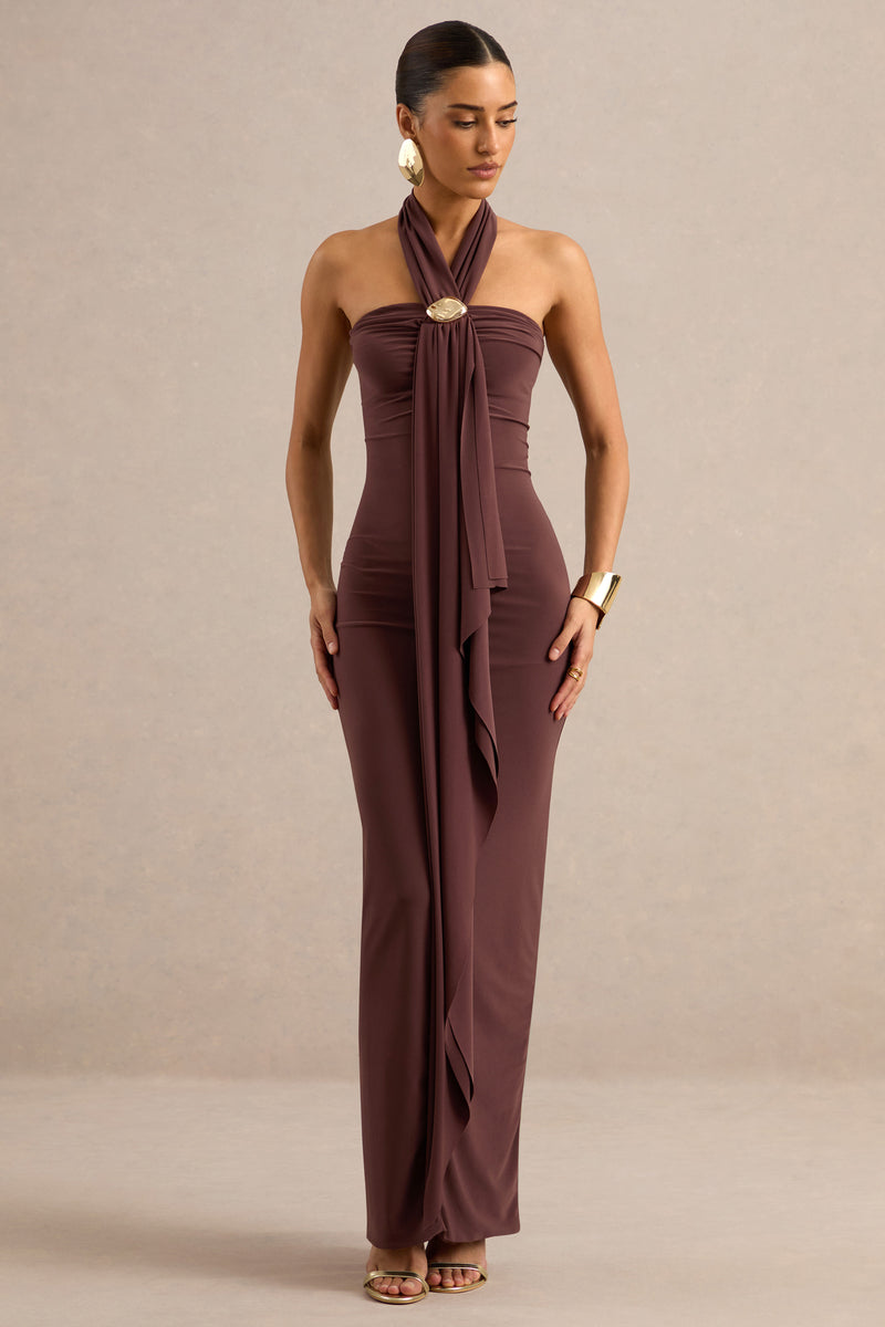 ECM_HR_CL138440022 - Delaina | Dark Brown Halter-Neck Maxi Dress With Gold Detail And Sash 0.jpg