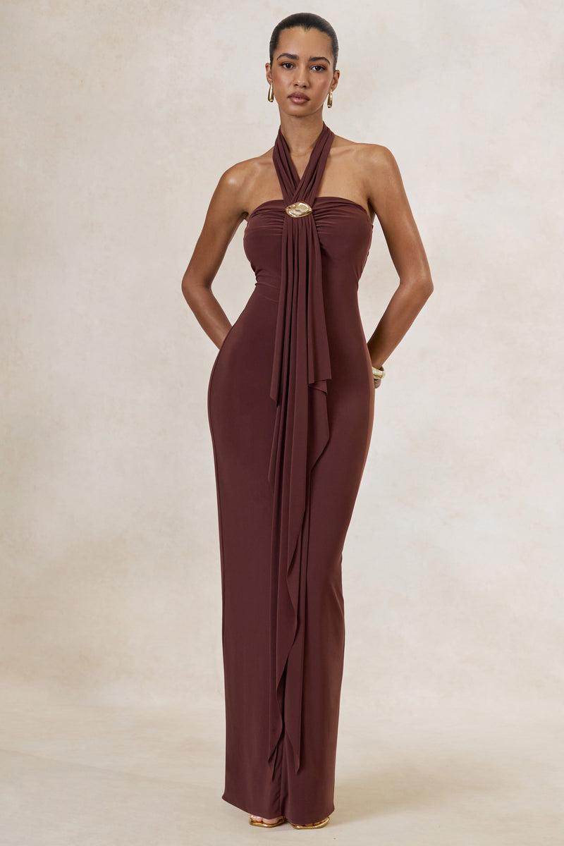ECM_HR_CL138440022 - Delaina _ Dark Brown Halter-Neck Maxi Dress With Gold Detail And Sash1.jpg