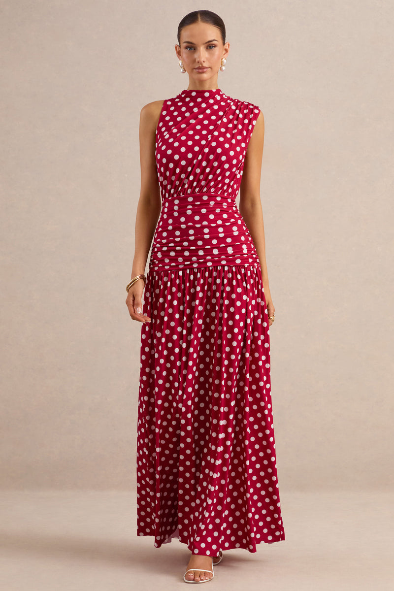ECM_HR_CL138444100  - Kelis _ Red Polka-Dot High-Neck Maxi Dress With Draped Detailing 0.jpg