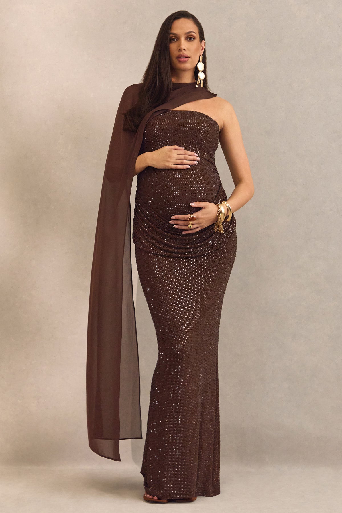 Ottoline Dark Hotfix Asymmetric Neck Maternity Maxi Dress Sheer Cape Detail