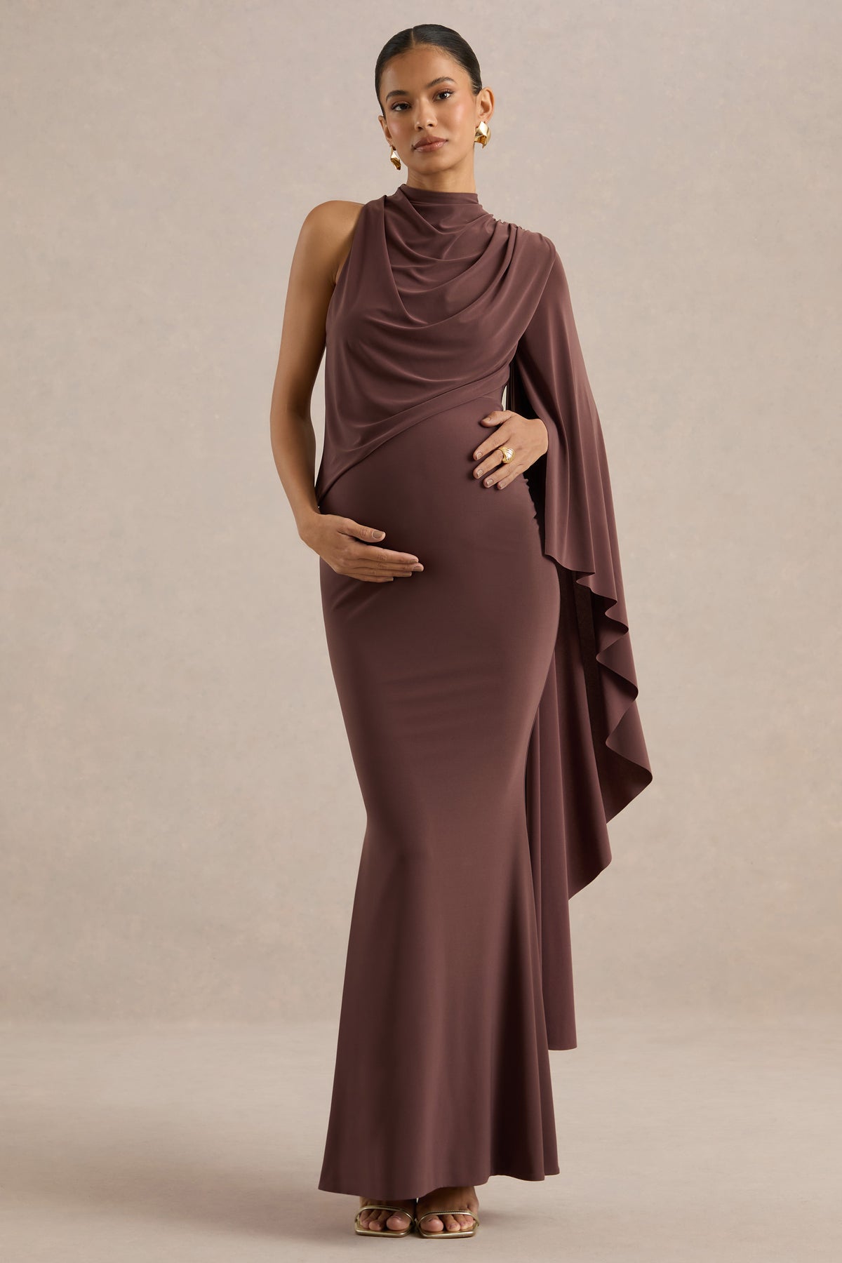 ECM_HR_CL138462022 - Azria | Dark Brown High-Neck Maternity Maxi Dress With Cape Sleeve1.jpg