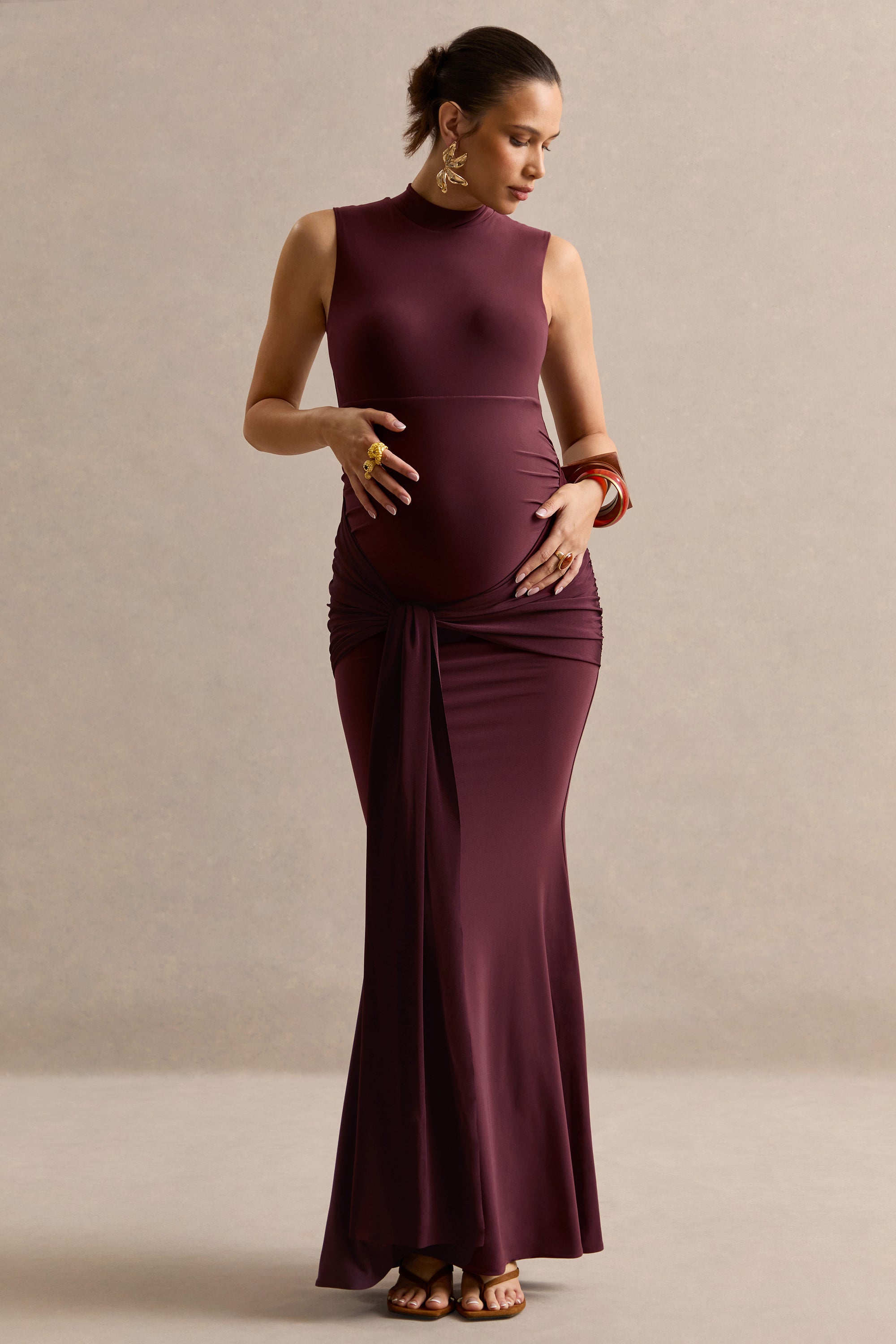 ECM_HR_CL138467022 - Ralina Dark Brown High-Neck Maternity Maxi Dress With Satin Tied Sash Detail0.jpg