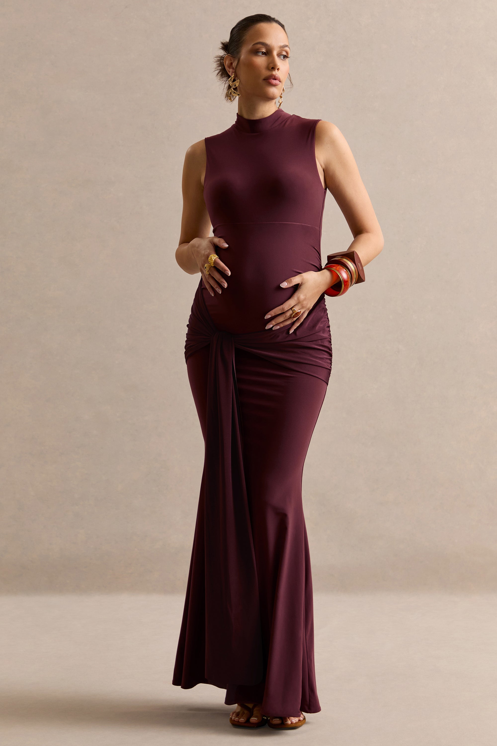 ECM_HR_CL138467022 - Ralina Dark Brown High-Neck Maternity Maxi Dress With Satin Tied Sash Detail2.jpg