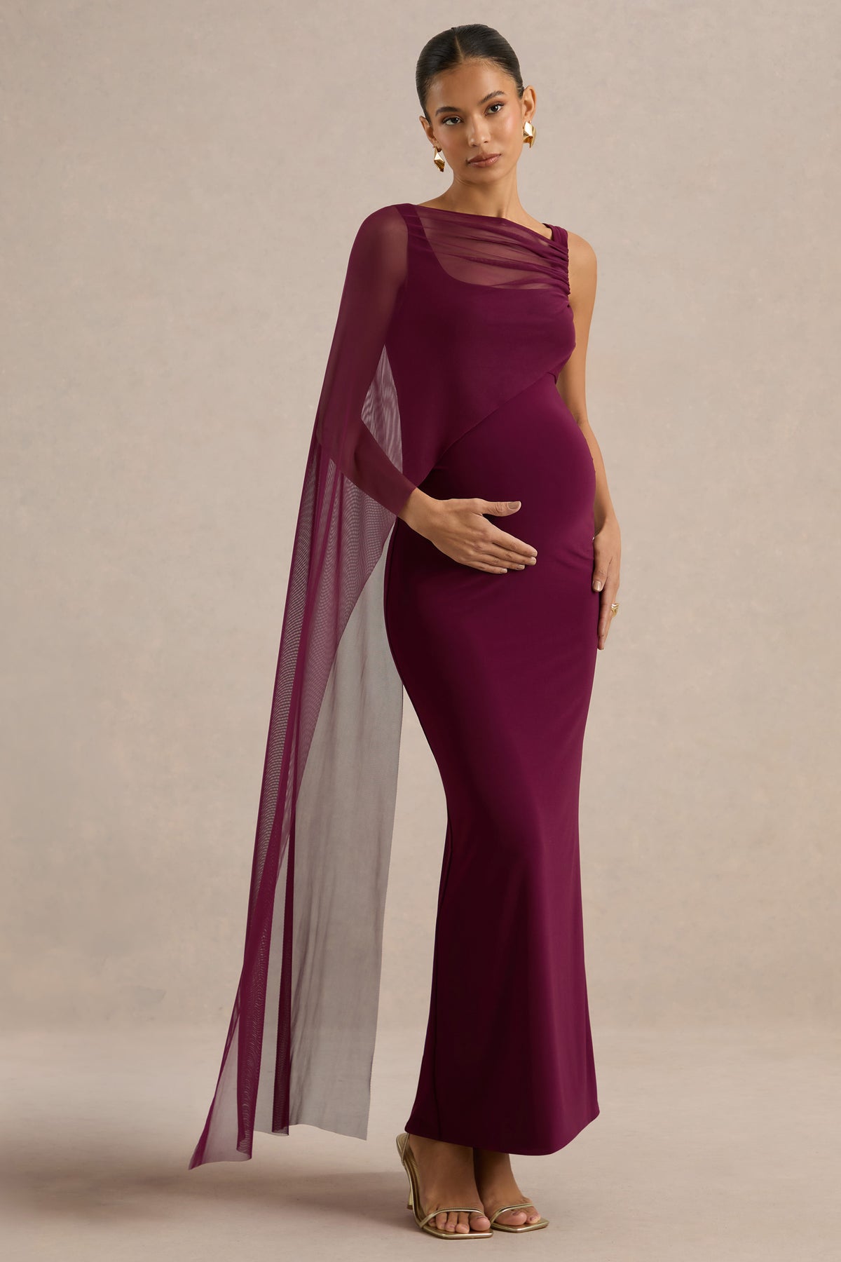 ECM_HR_CL138471102 - Camora | Burgundy Asymmetric-Neck Maternity Maxi Dress With Sheer Cape Sleeve3.jpg