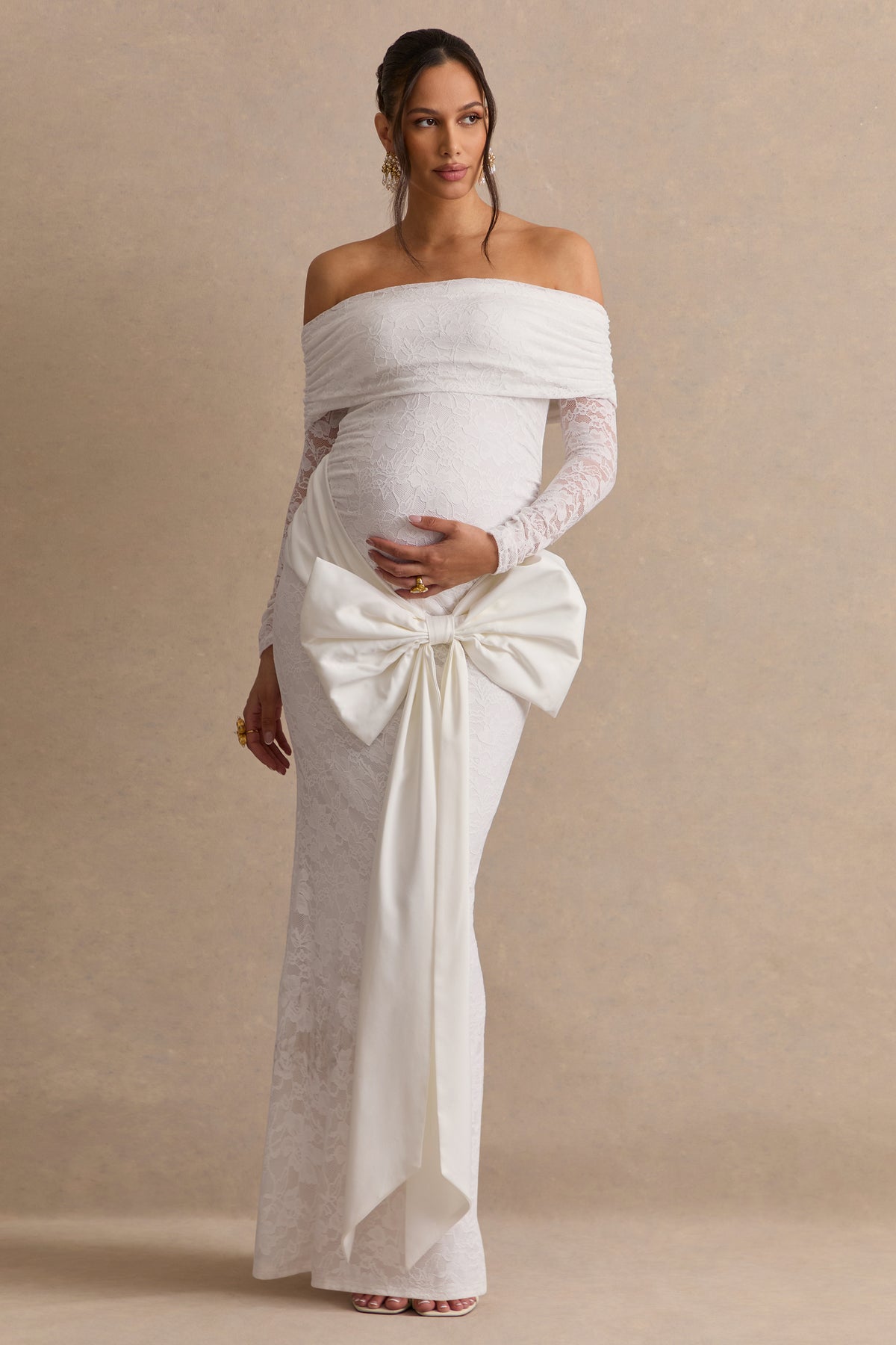Solina Lace Bardot Neck Maternity Maxi Dress Bow Detail
