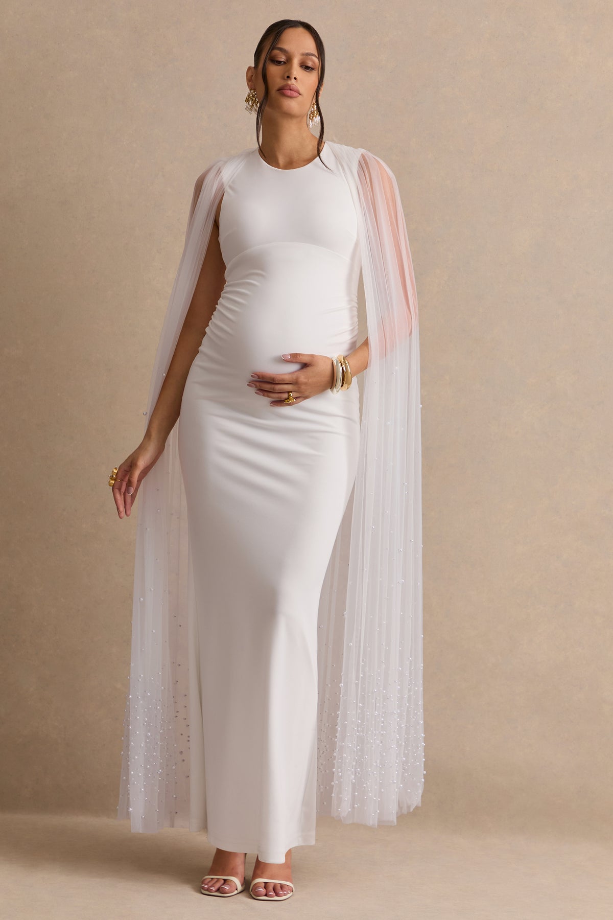 Tereza Round Neck Maternity Maxi Dress Sheer Cape