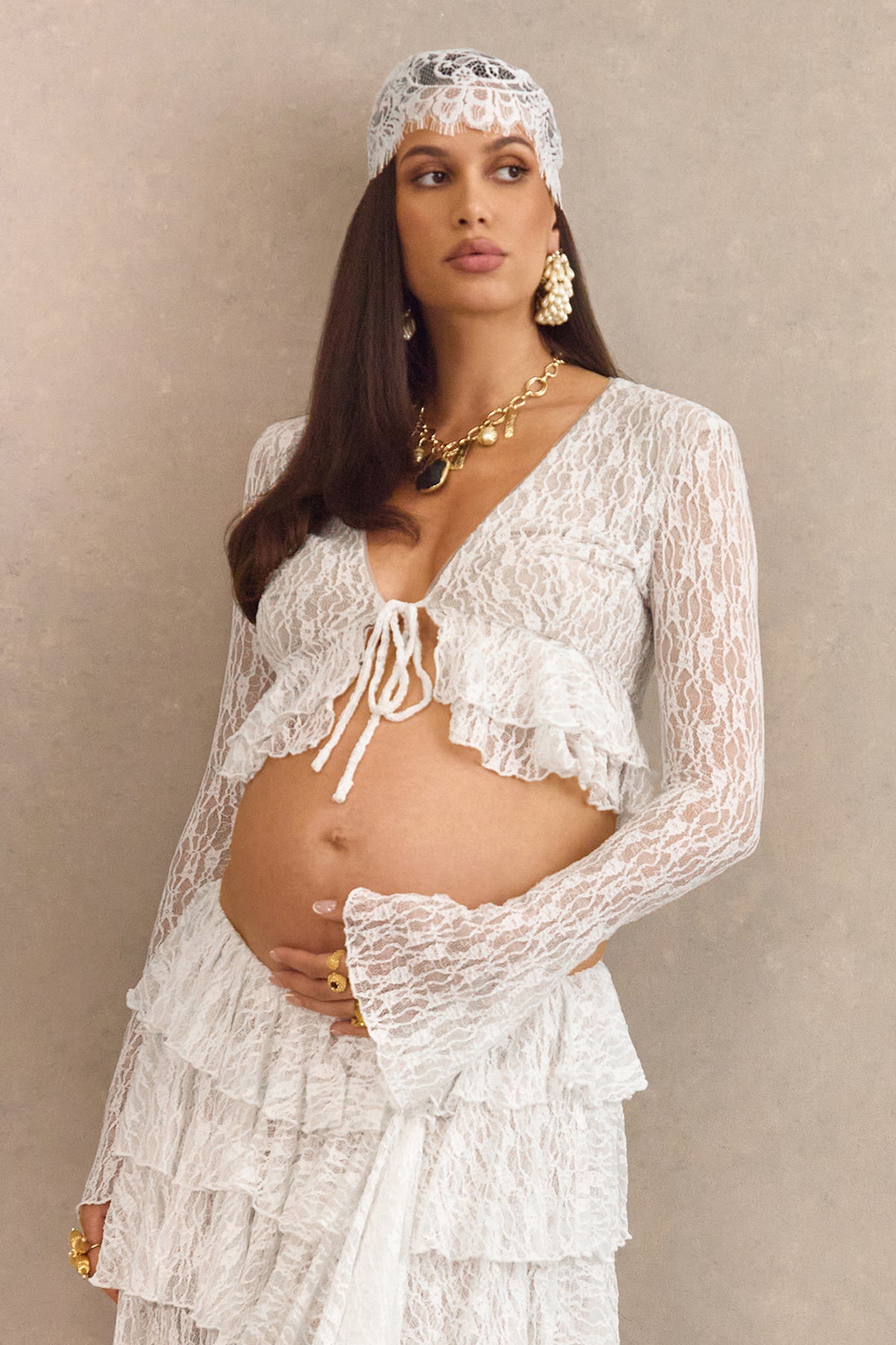 Astella Lace Plunge Neck Top Ruffled Trim