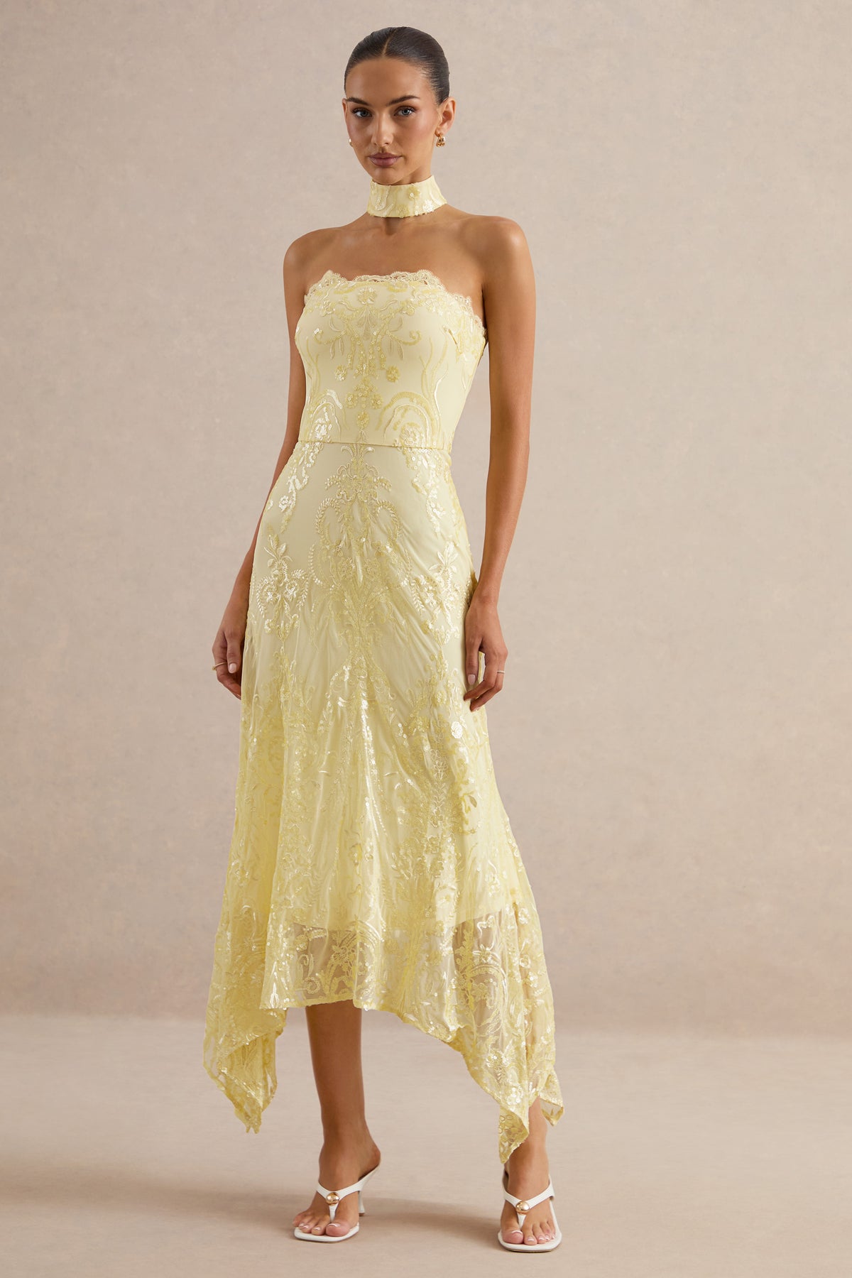 Galathea Lace Bandeau Neck Midi Dress Collar Detail