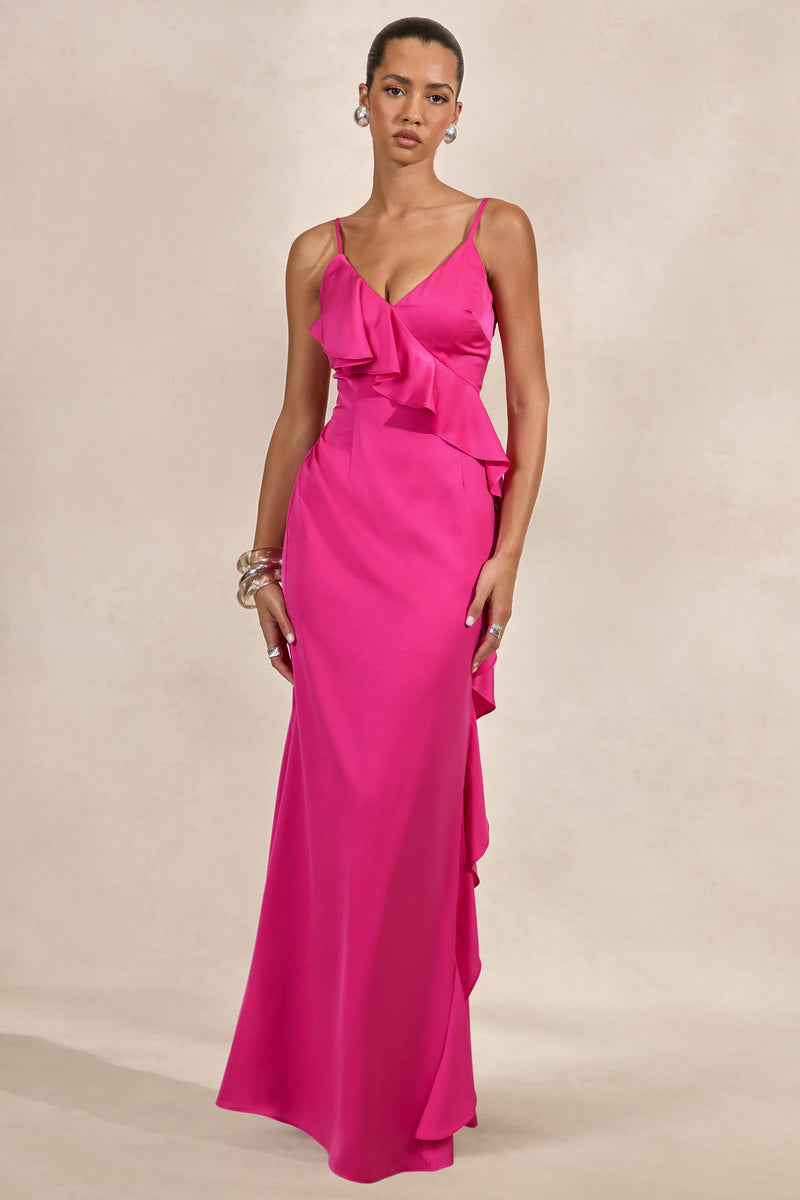 CL138609080 - Marcelina _ Hot Pink Satin V-Neck Maxi Dress With Ruffled Detailing1.jpg