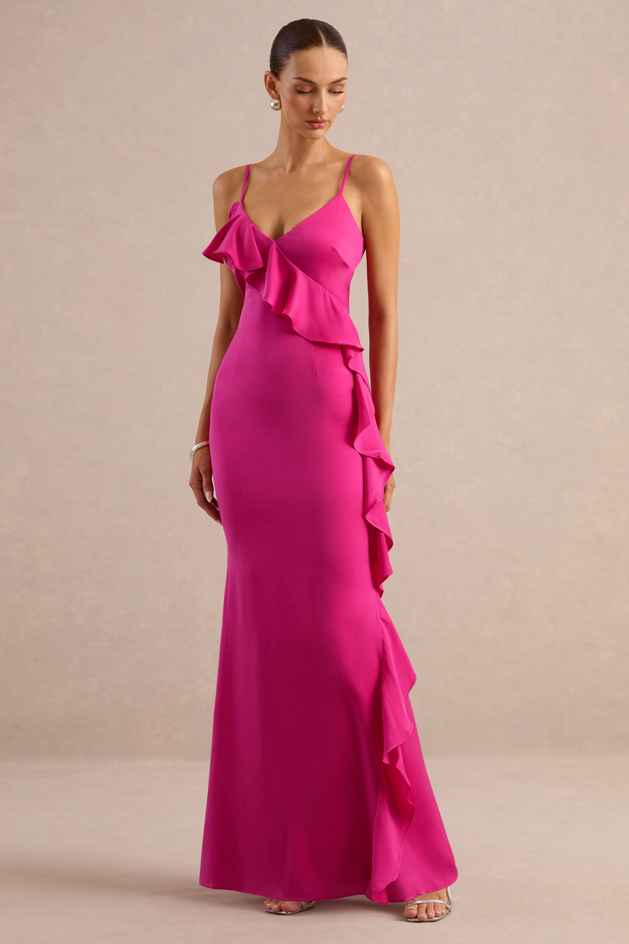 ECM_HR_CL138609080 - Marcelina | Hot Pink Satin V-Neck Maxi Dress With Ruffled Detailing1.jpg