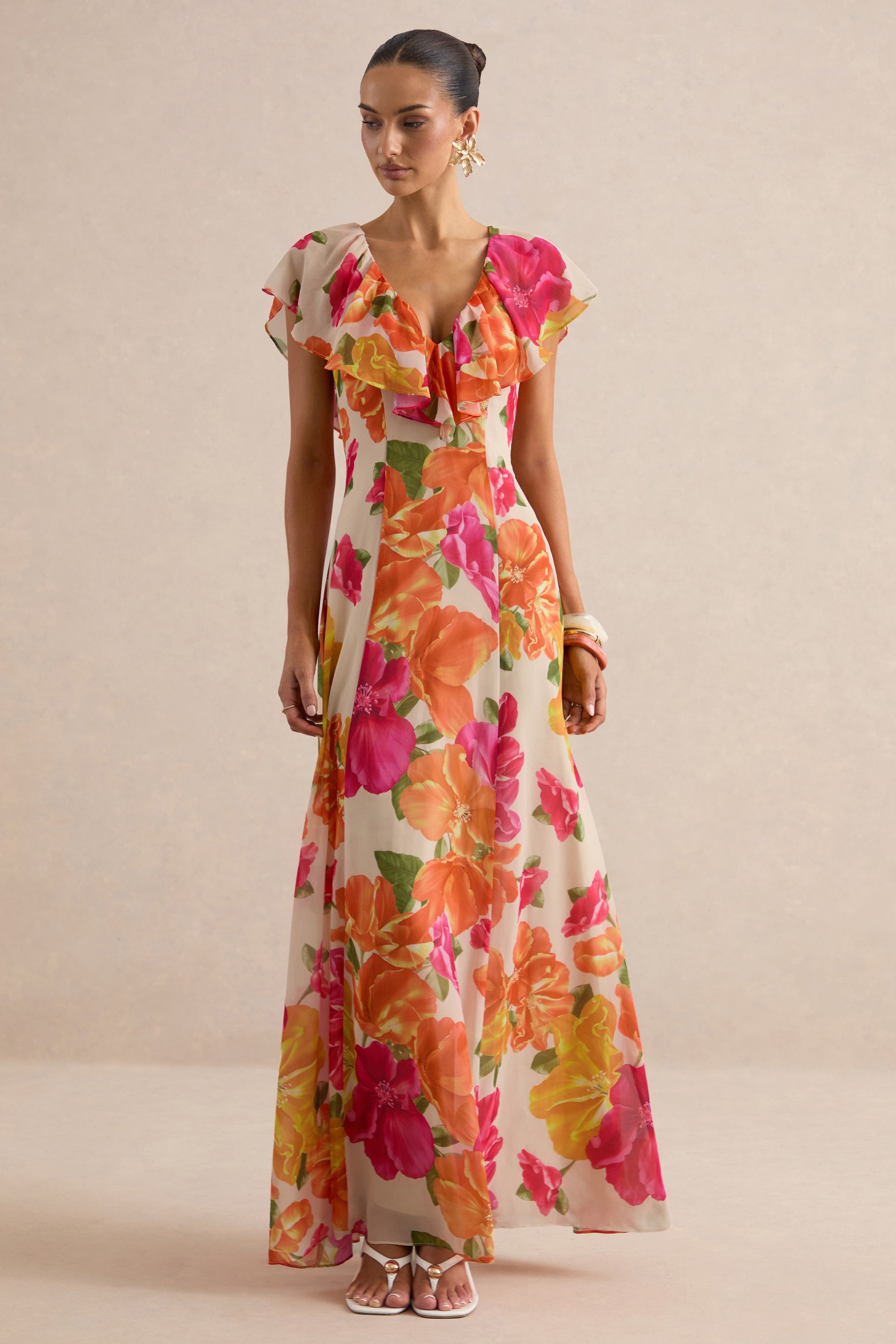 ECM_HR_CL138614070 - Naelle | Orange Floral Print Chiffon Plunge-Neck Maxi Dress With Ruffled Detailing 0.jpg