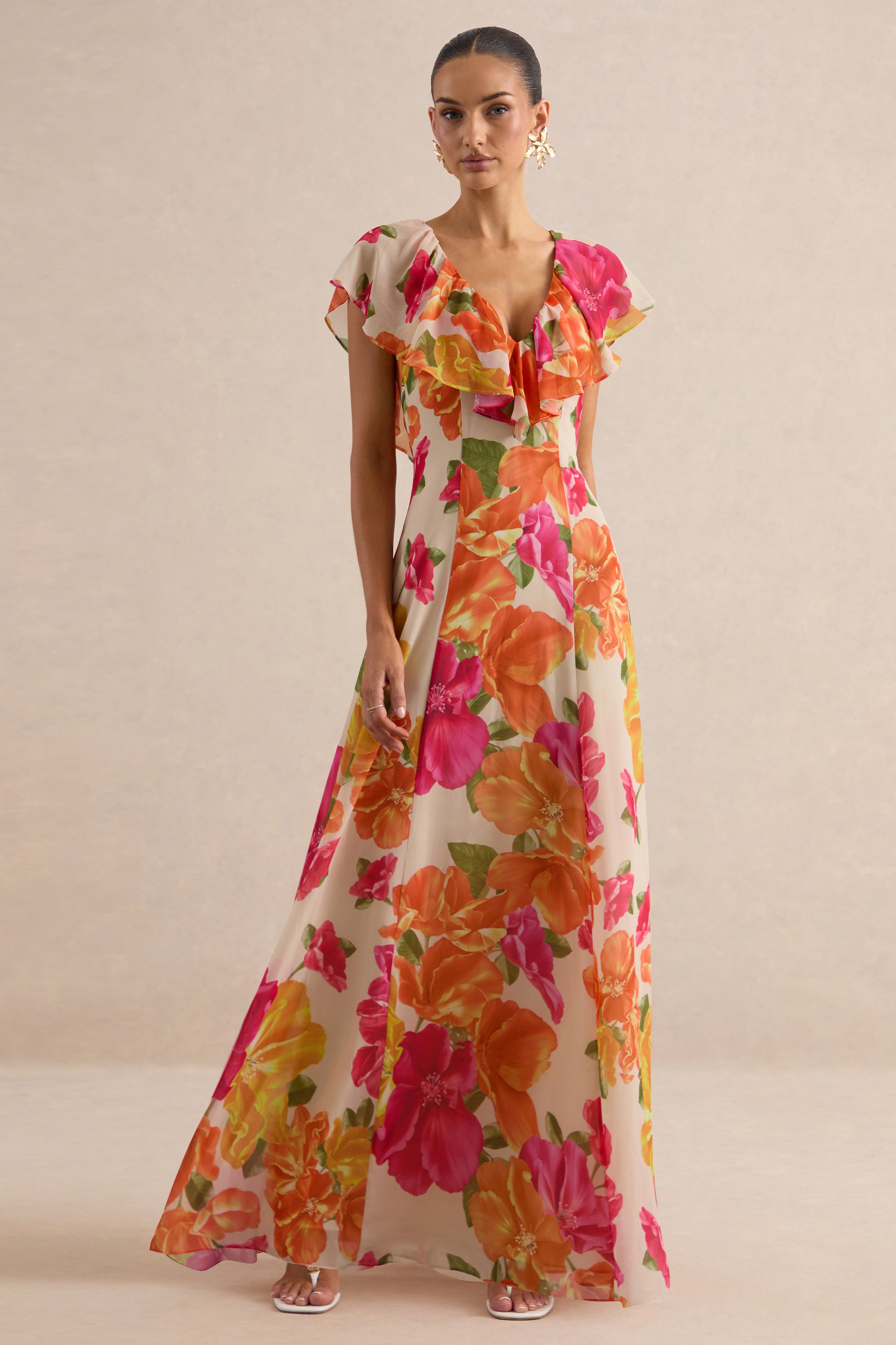 ECM_HR_CL138614070 - Naelle | Orange Floral Print Chiffon Plunge-Neck Maxi Dress With Ruffled Detailing 1.jpg