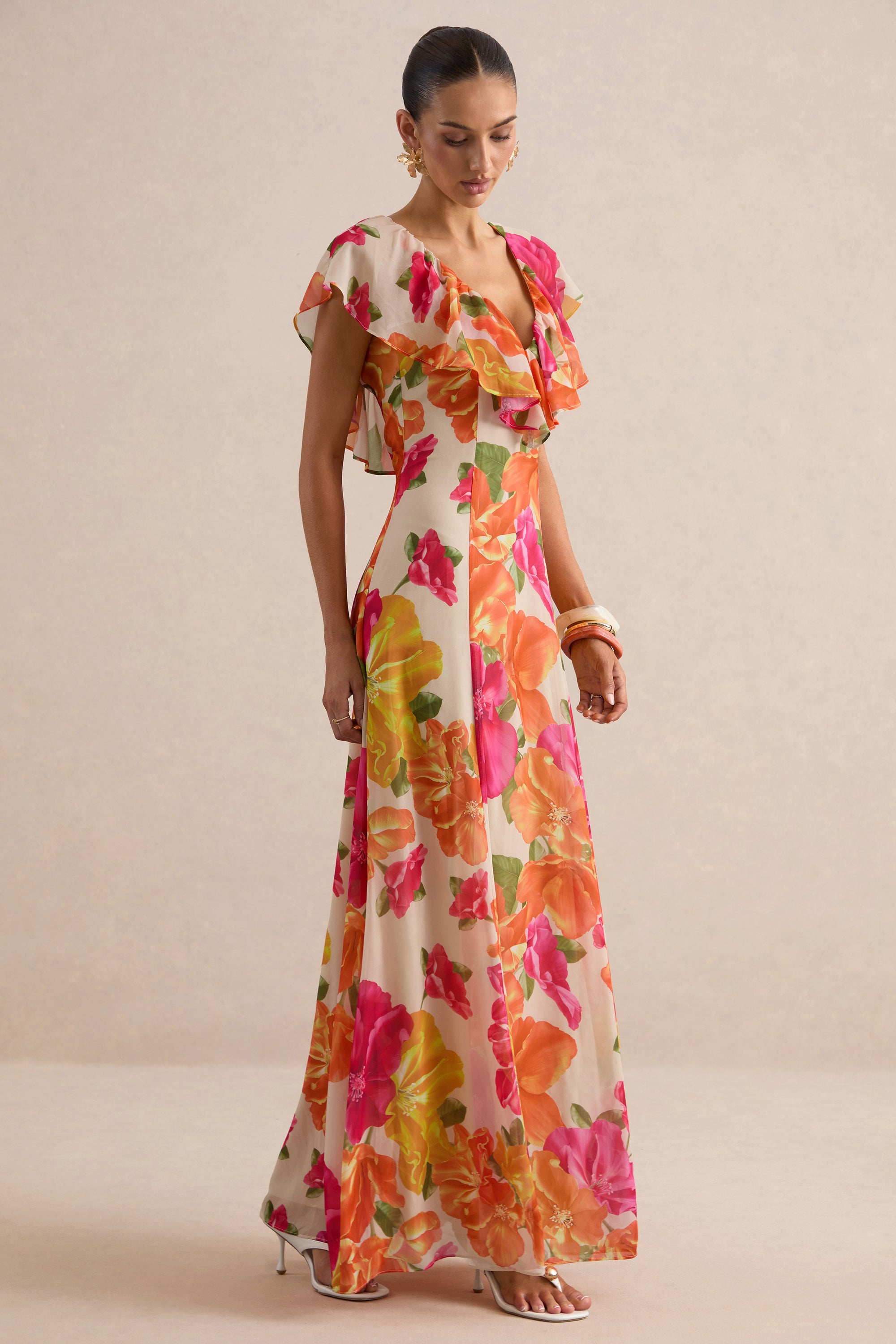 ECM_HR_CL138614070 - Naelle | Orange Floral Print Chiffon Plunge-Neck Maxi Dress With Ruffled Detailing 2.jpg